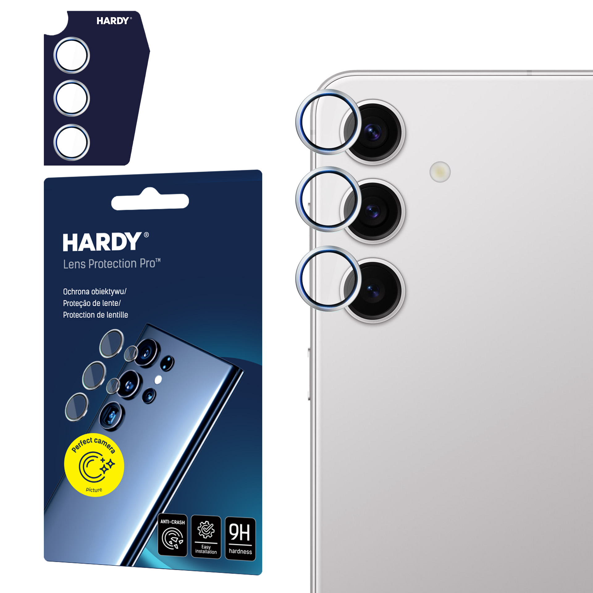 Protezione lente fotocamera con confezione. La confezione dice 'HARDY Lens Protection Pro' e ha immagini di lenti.