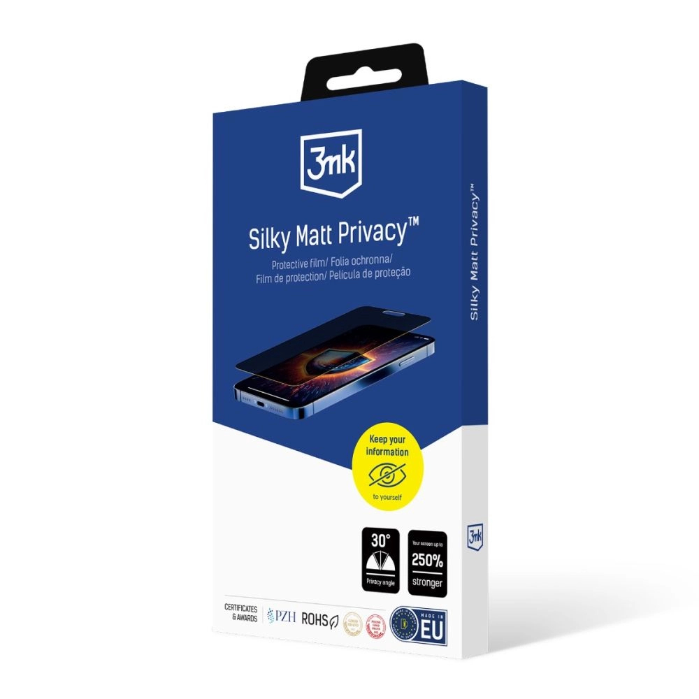 Scatola di protezione schermo Silky Matt Privacy. La scatola ha un'immagine dello schermo del telefono con tinta blu.
