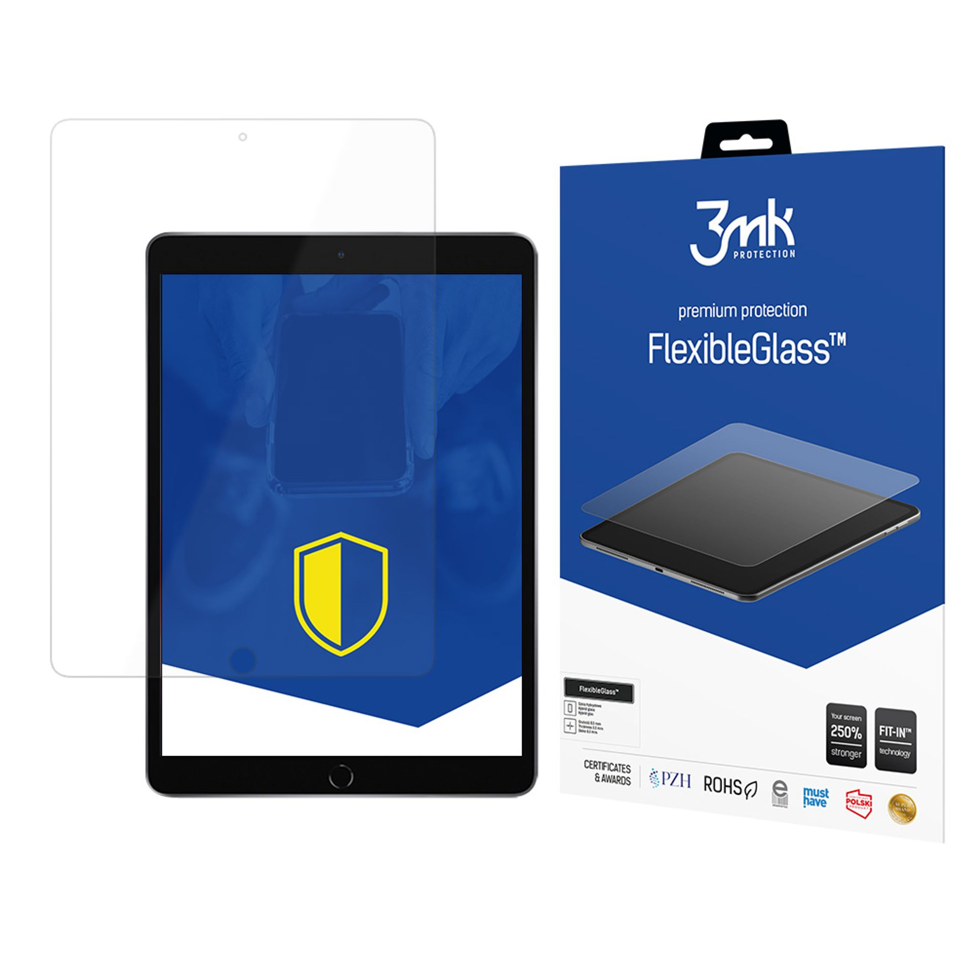 Un iPad e un proteggi schermo a sinistra, una scatola del prodotto a destra. L'iPad mostra uno scudo.