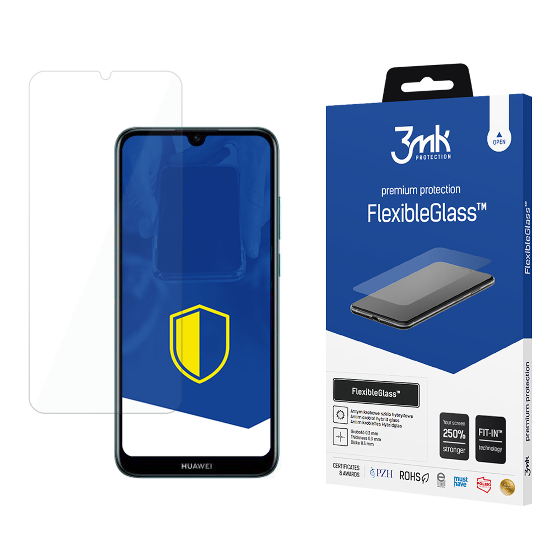 Smartphone con protezione schermo e confezione, sfondo blu con scudo, sfondo bianco.