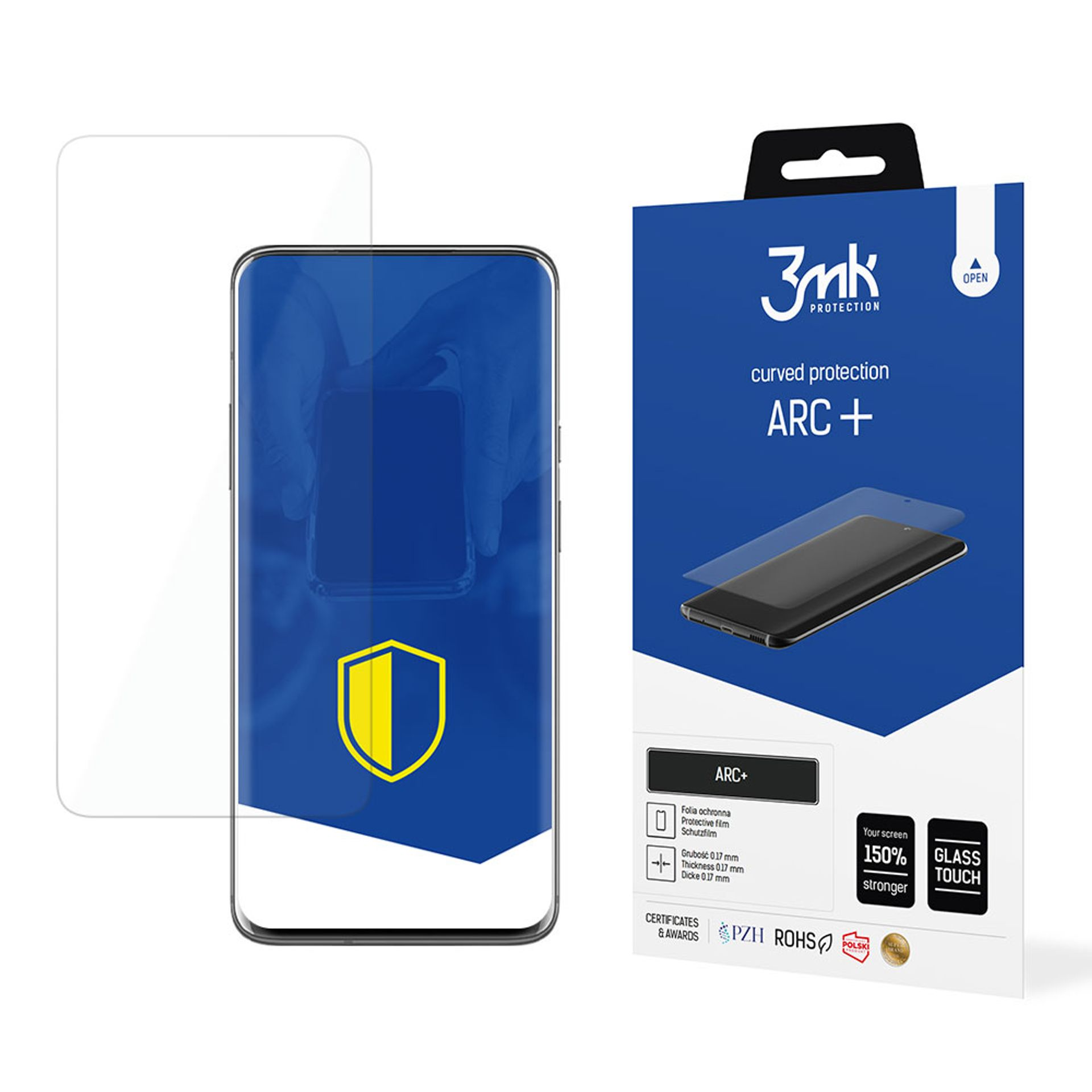 Protezione schermo curva per smartphone con logo scudo. Confezione e telefono in vista.