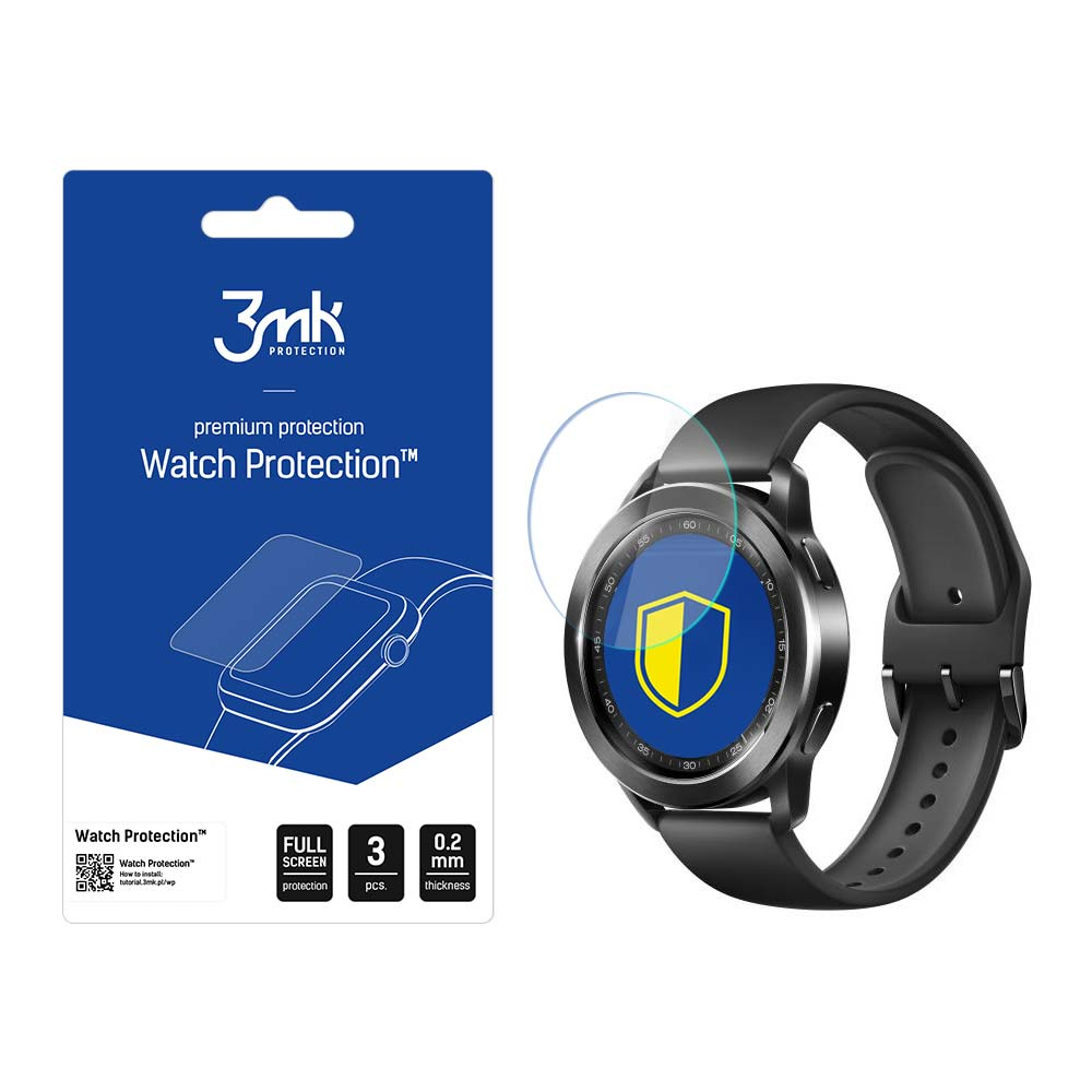 Protezione schermo per orologio con logo scudo e smartwatch. Confezione blu e bianca in vista.