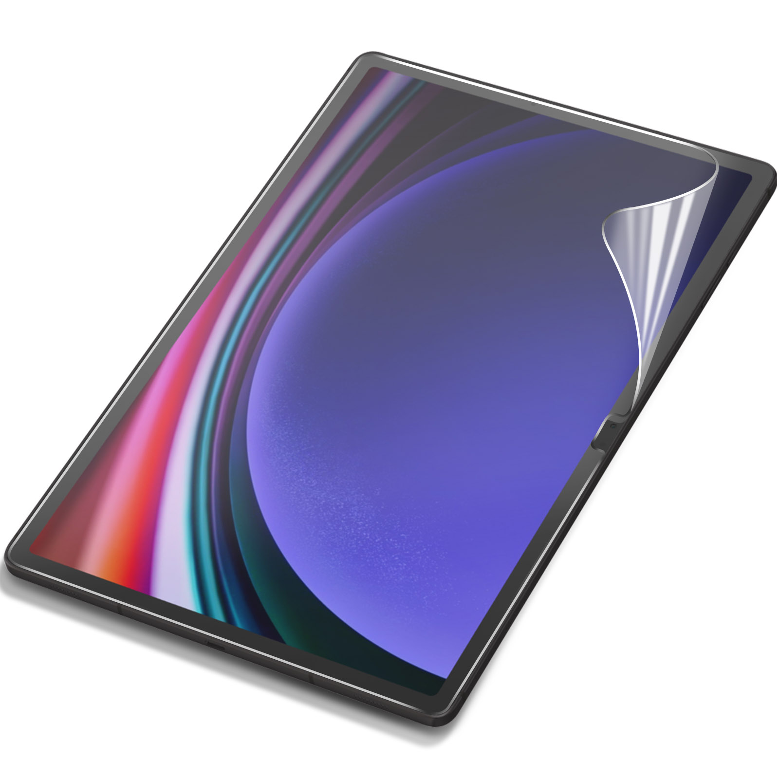 Tableta con protector de pantalla aplicado. La pantalla muestra un gráfico abstracto y colorido.