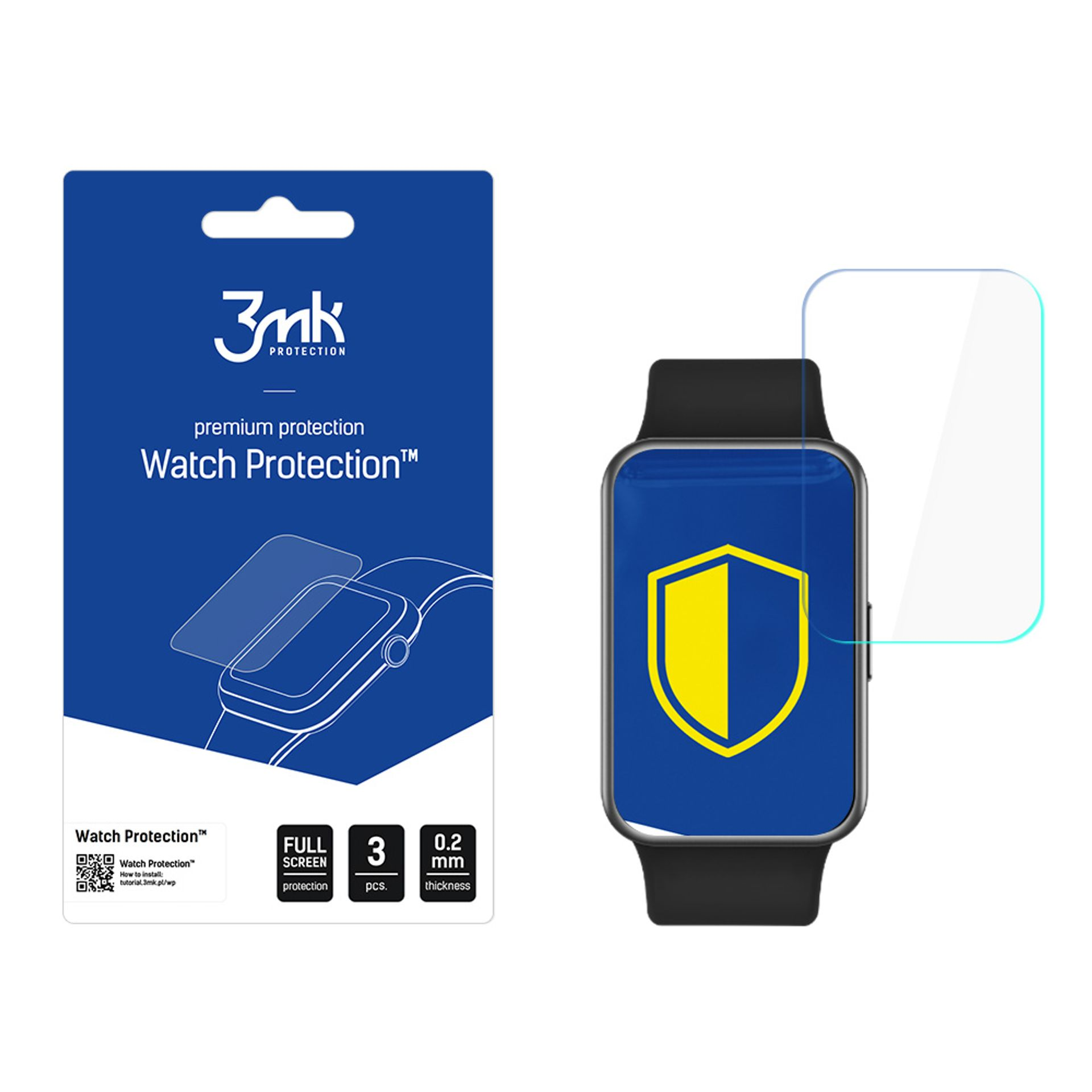 Smartwatch con protezione schermo e confezione, cinturino nero, sfondo bianco.