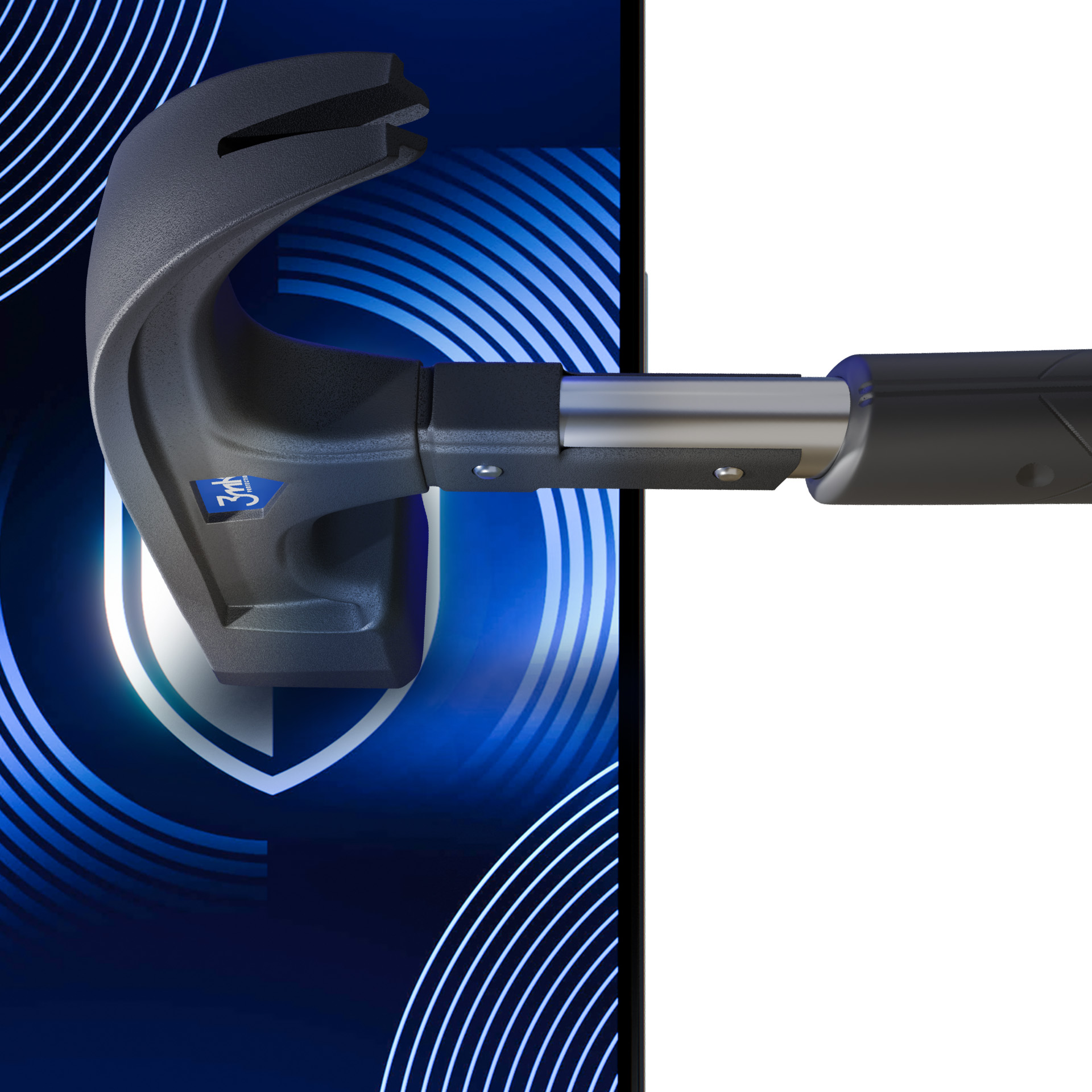 Młotek uderzający w ekran telefonu z ikoną tarczy. Niebiesko-białe tło. Ekran telefonu jest chroniony.