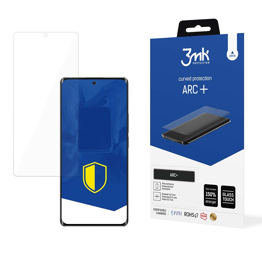 Telefono con protezione schermo, scatola dello stesso marchio. Scudo blu e giallo sul telefono.