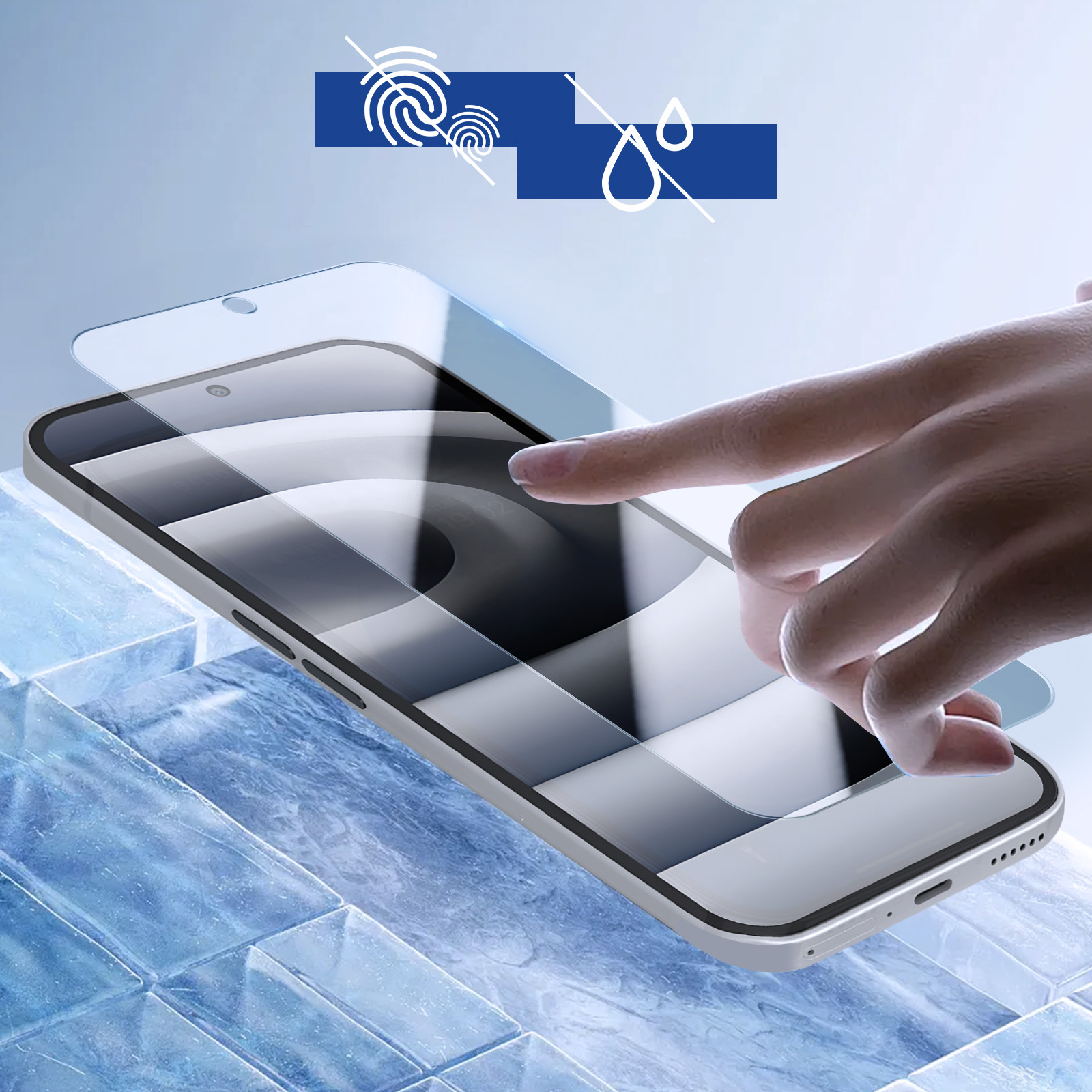 Mano che tocca lo schermo del telefono con protezione applicata. Grafica blu sopra. Sfondo ghiacciato.