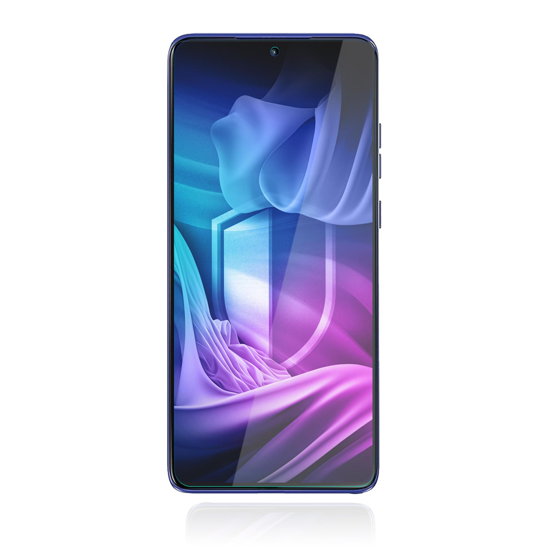 Niebieski telefon z ekranem pokazującym tarczę na białym tle.
