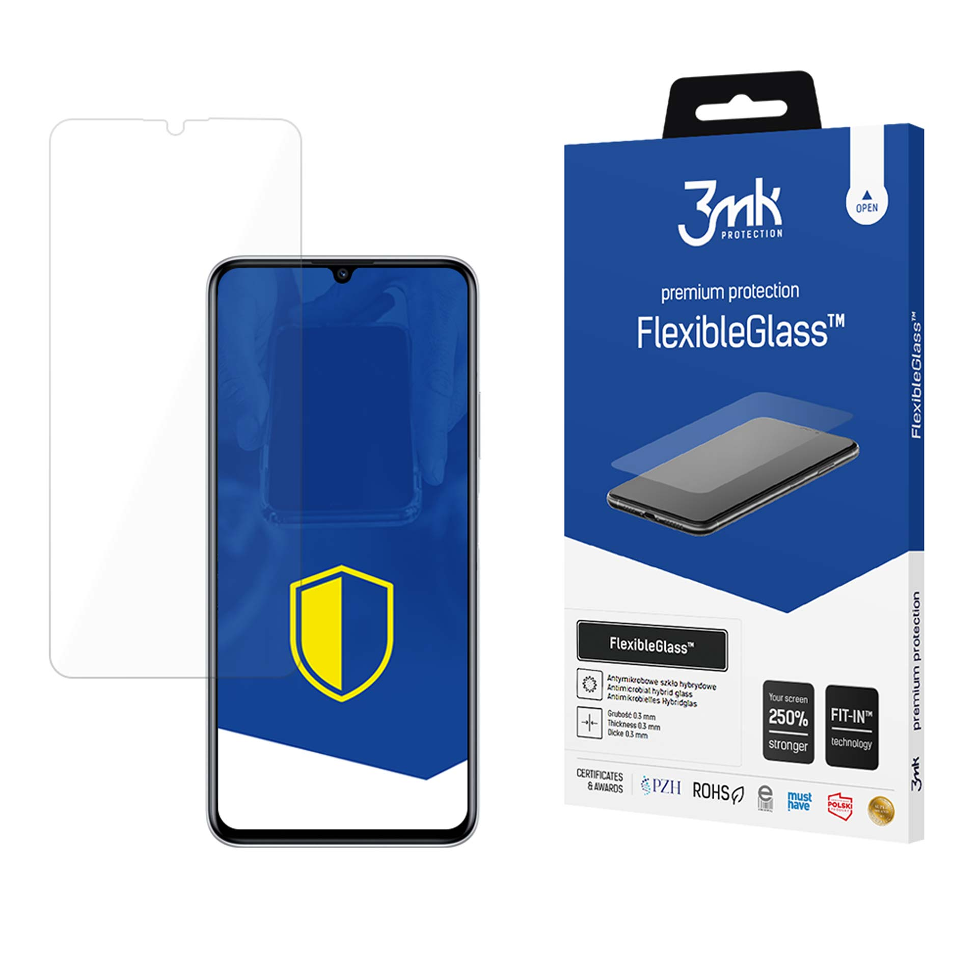 Un proteggi schermo e un telefono con un logo a scudo. Una scatola con info prodotto sulla destra.