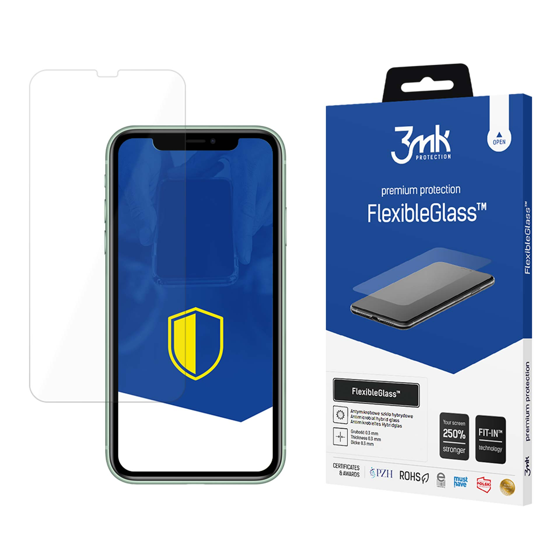 Telefono, protezione schermo e confezione del prodotto. Il telefono mostra il simbolo dello scudo giallo.