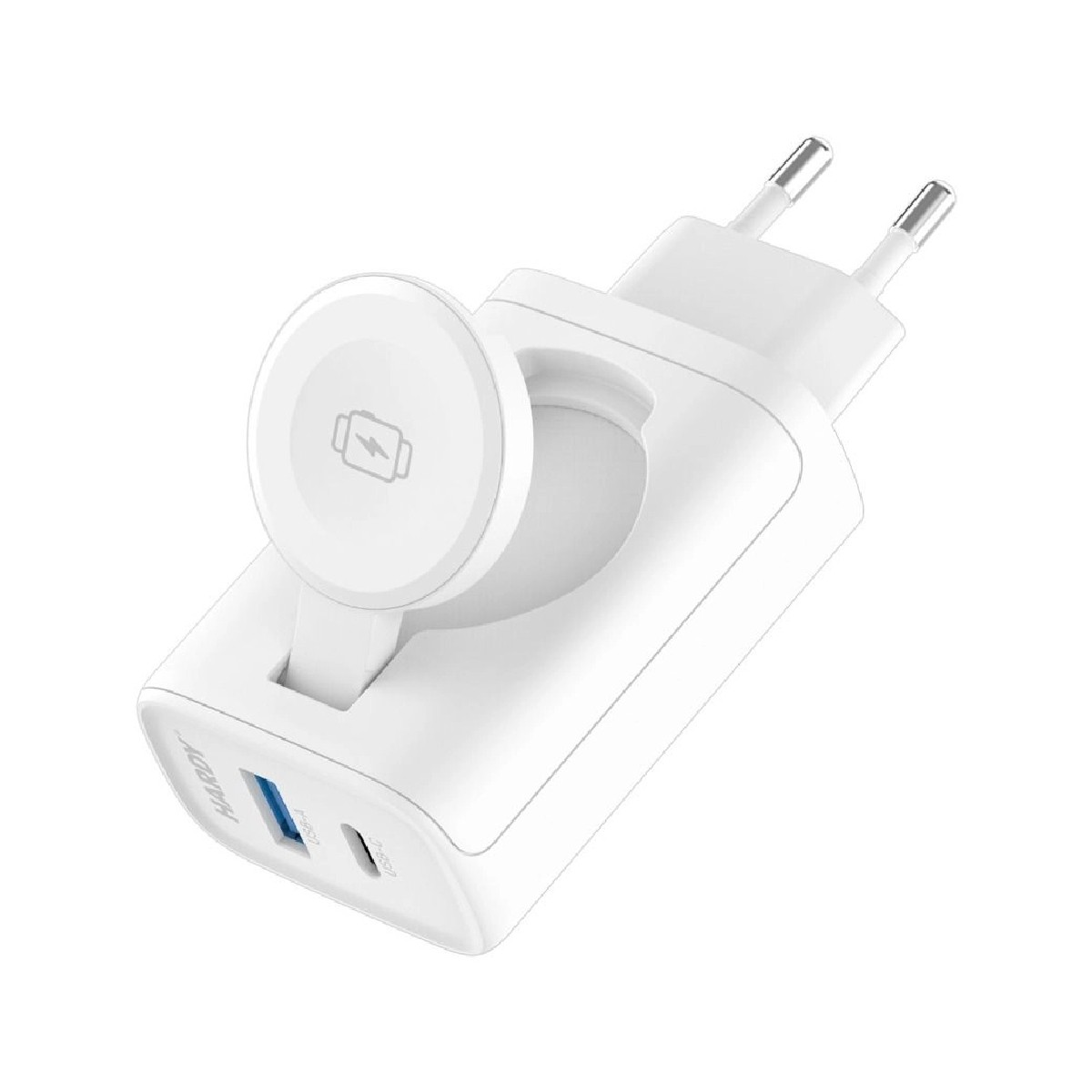 Biała ładowarka z portami USB. Ładowarka ma podkładkę do ładowania zegarka i symbol zegarka.