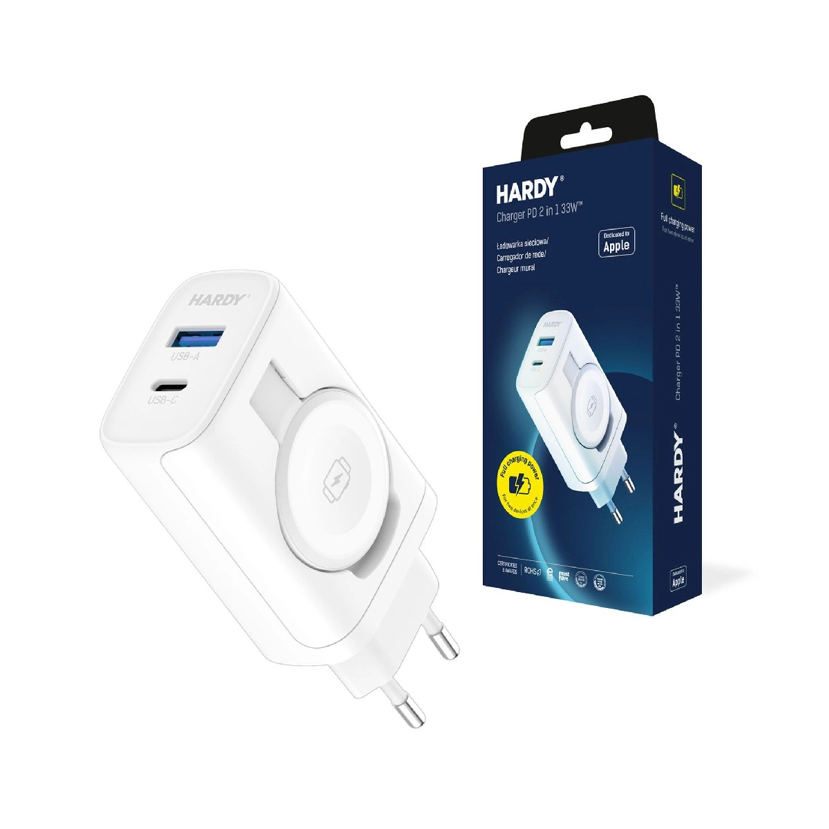 Biała ładowarka i pudełko z podkładką do ładowania zegarka i portami USB. Pudełko ma logo Apple.