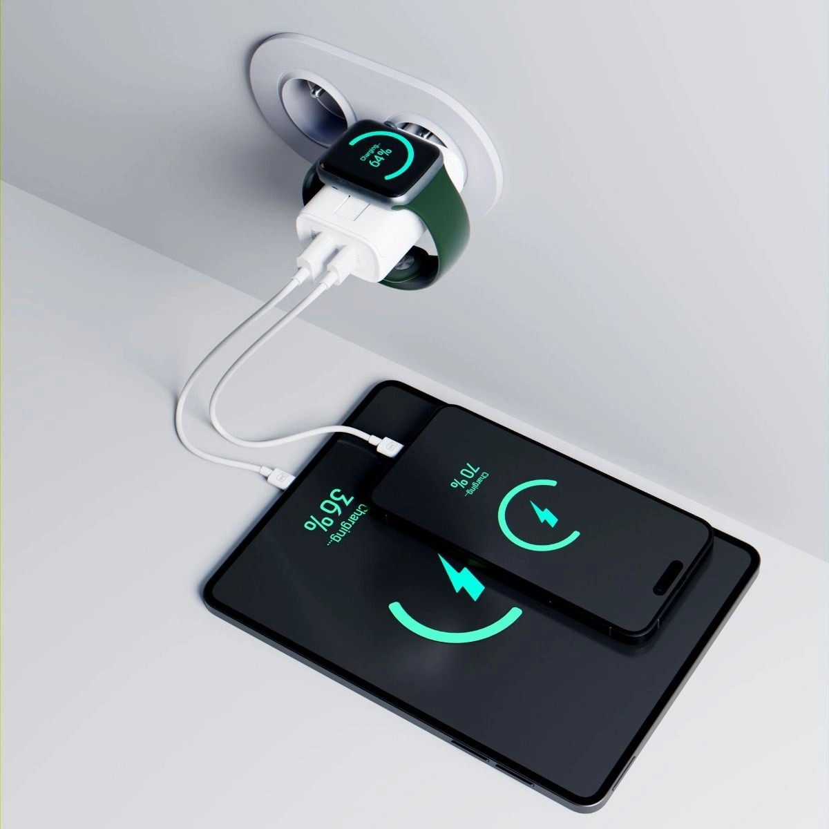 Ładowanie urządzeń: smartwatch, telefon i tablet. Wszystkie pokazują ikony ładowania i są podłączone.