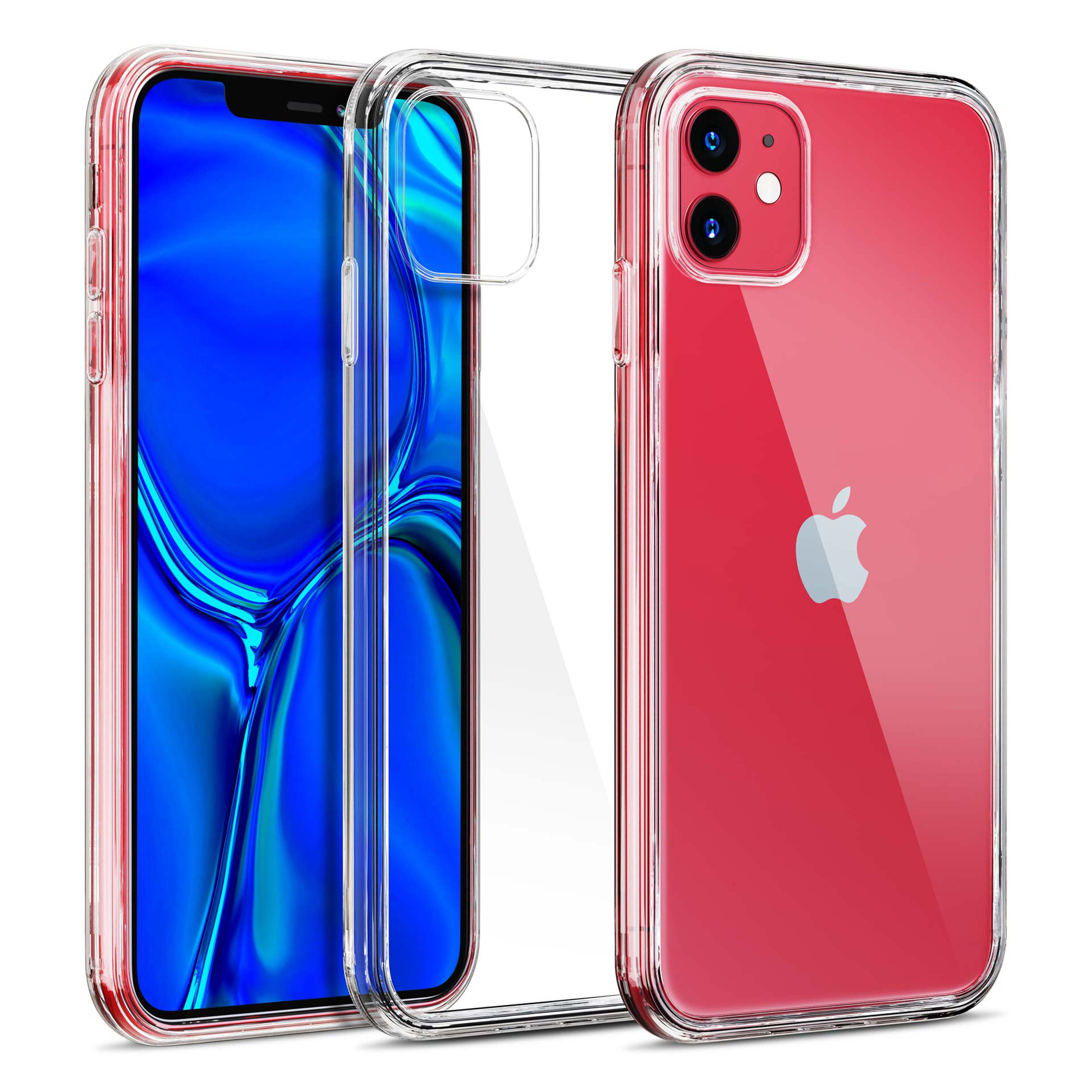 Trzy etui na telefon: czerwony telefon, przezroczyste etui i czerwone etui. Każde z innym designem i kombinacją kolorów.