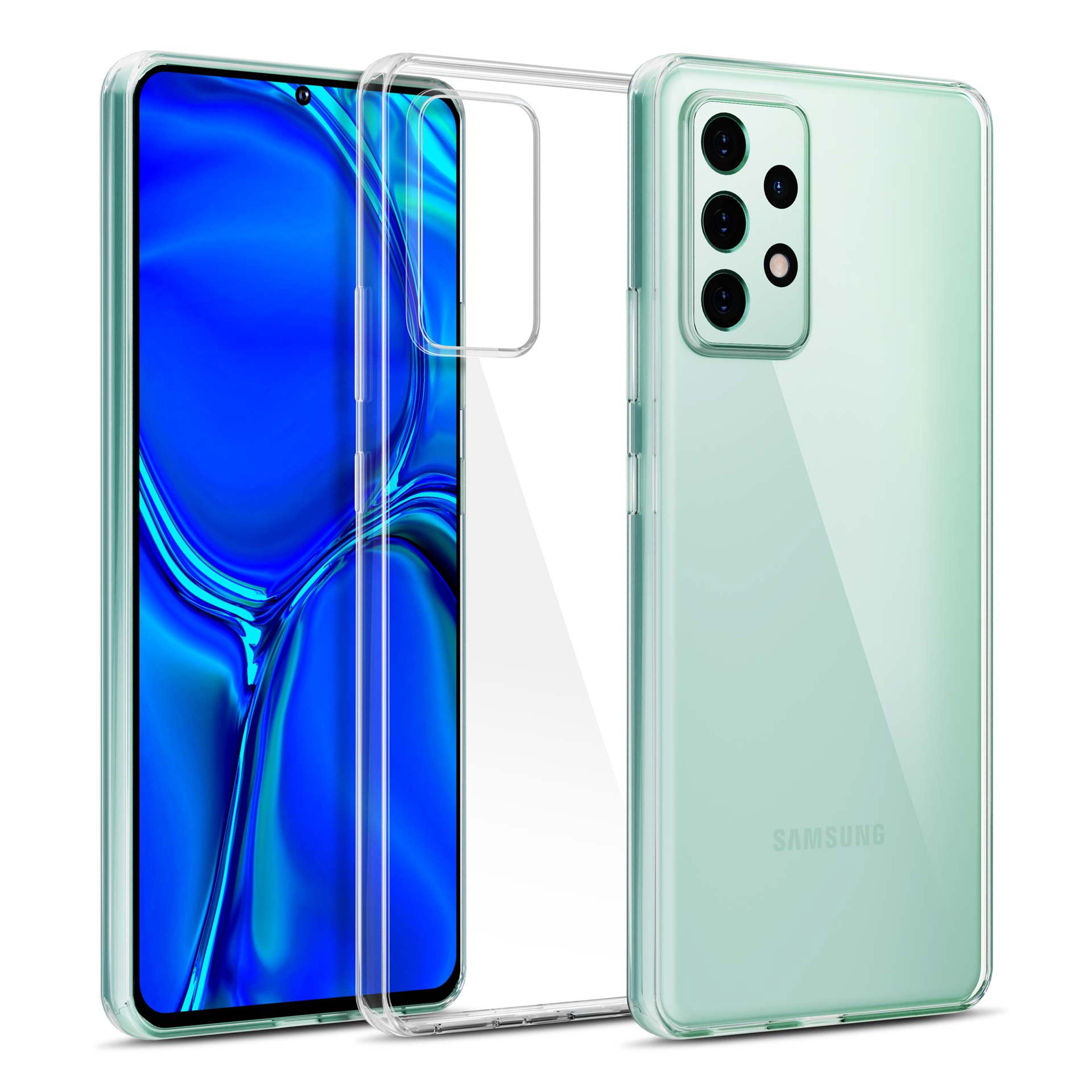 Miętowy telefon z przezroczystym etui. Telefon jest po prawej stronie, etui po lewej, pokazując wyraźny widok.