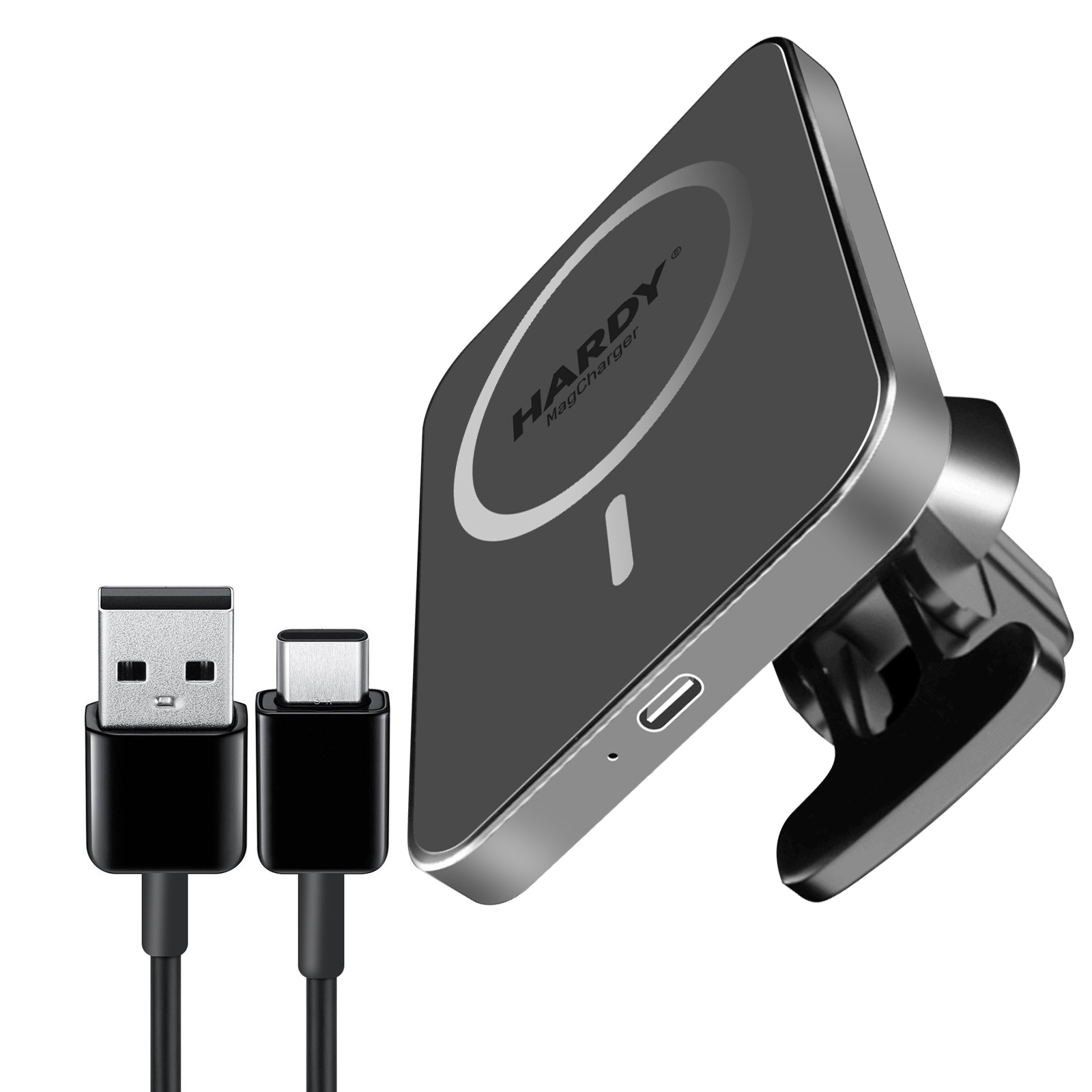 Czarna ładowarka do telefonu z dwoma kablami ładującymi. Ładowarka jest czarna i srebrna. Kable są czarne.