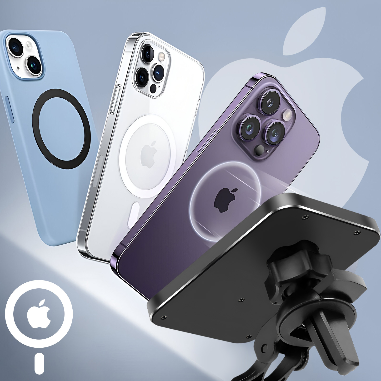 Kilka telefonów z etui, zamontowanych na uchwycie samochodowym MagSafe. Widoczne logo Apple. Różne kolory: niebieski, przezroczysty, fioletowy.
