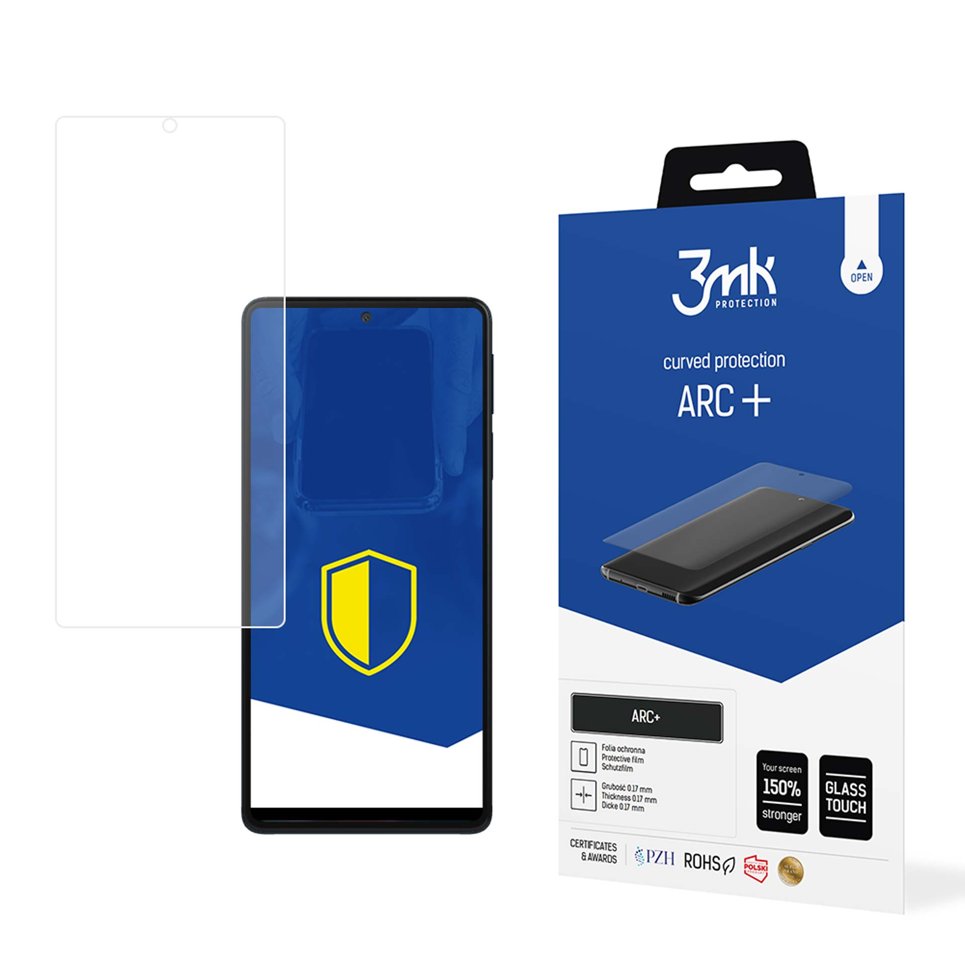 Uno smartphone con proteggi schermo curvo e confezione. Il telefono è nero. La protezione è trasparente. La confezione è blu.