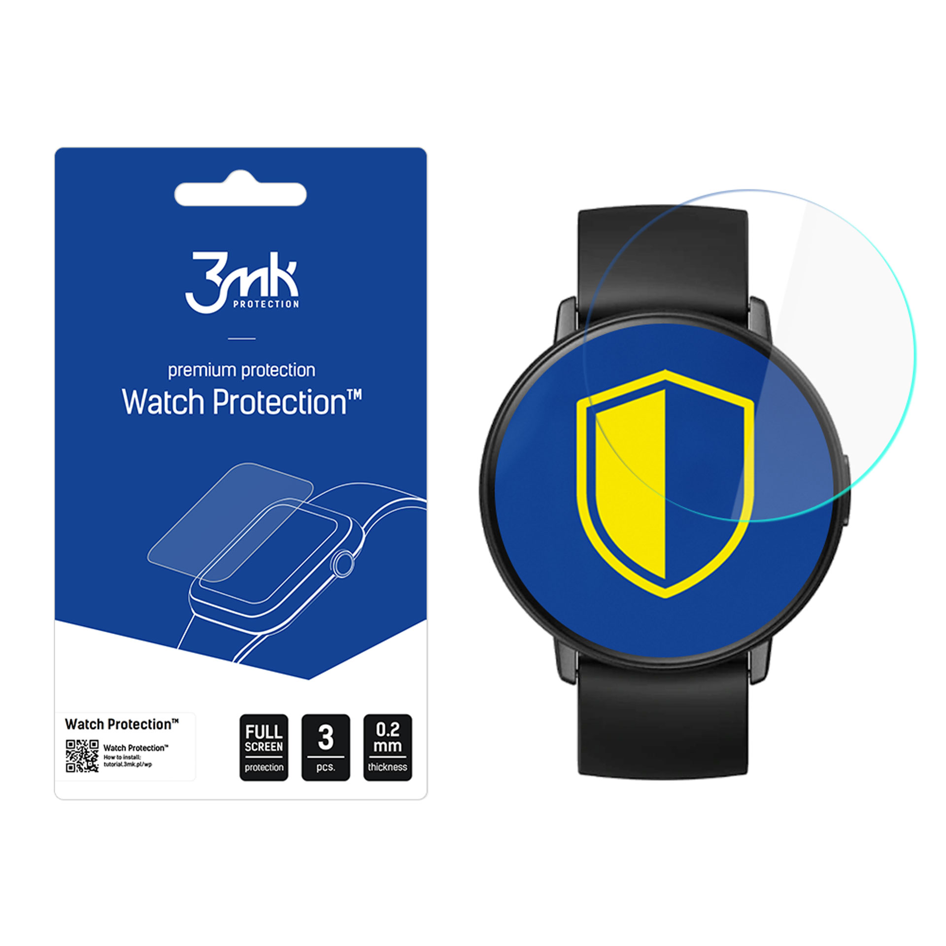 Smartwatch con protezione schermo, confezione a sinistra.