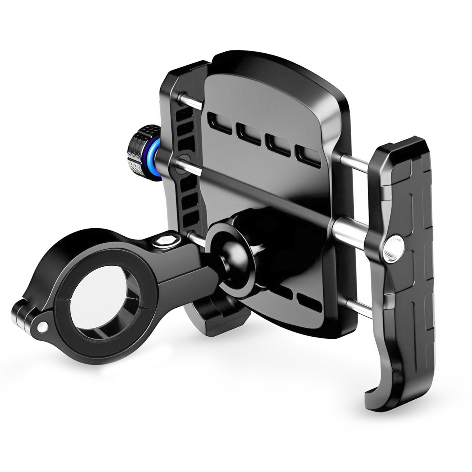 Czarny uchwyt na telefon. Uchwyt ma mocowanie do kierownicy i regulowaną podstawkę pod telefon.