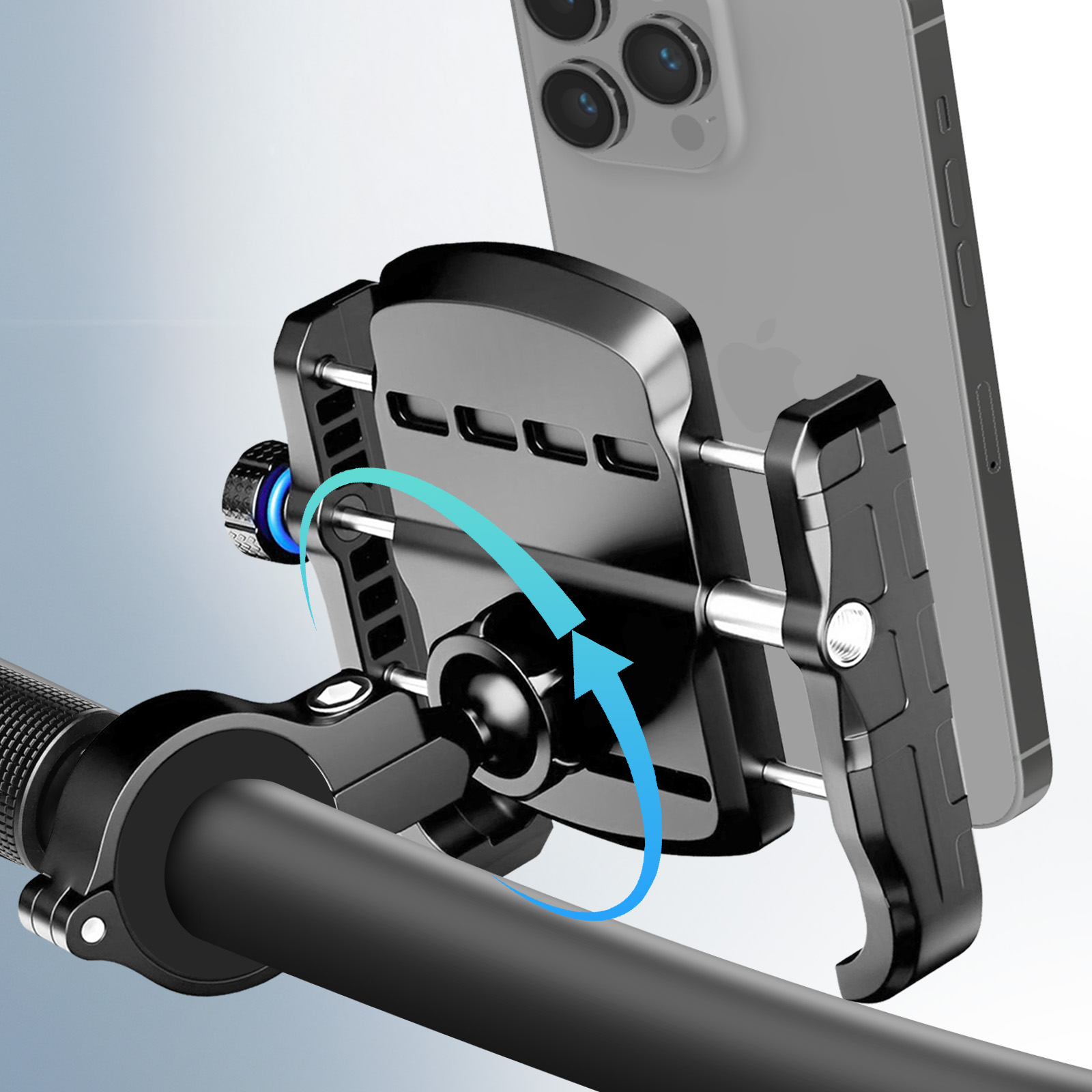 Czarny uchwyt na telefon przymocowany do kierownicy, utrzymujący smartfon na miejscu.