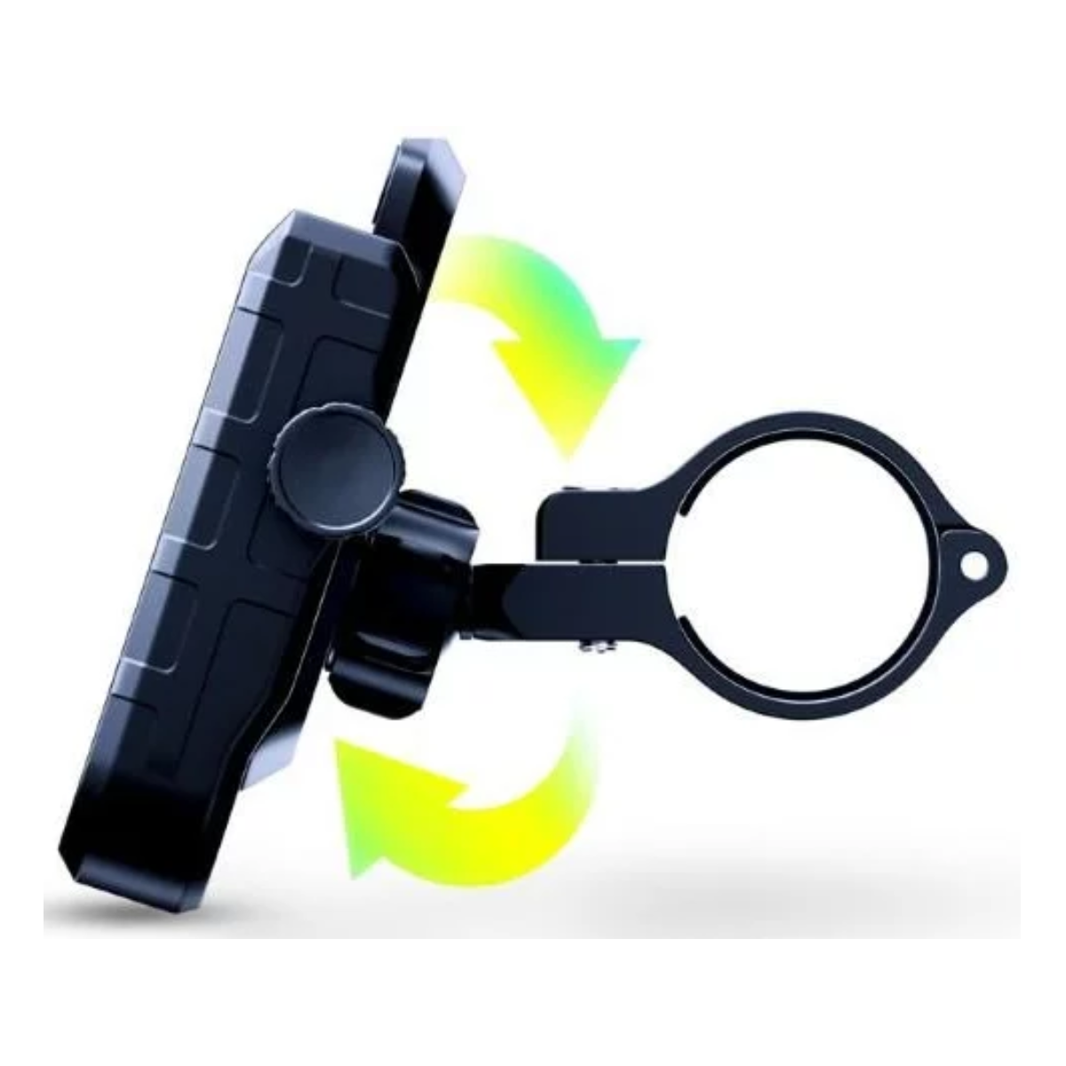 Czarny uchwyt na telefon przymocowany do kierownicy, z zielonymi strzałkami wskazującymi obrót.