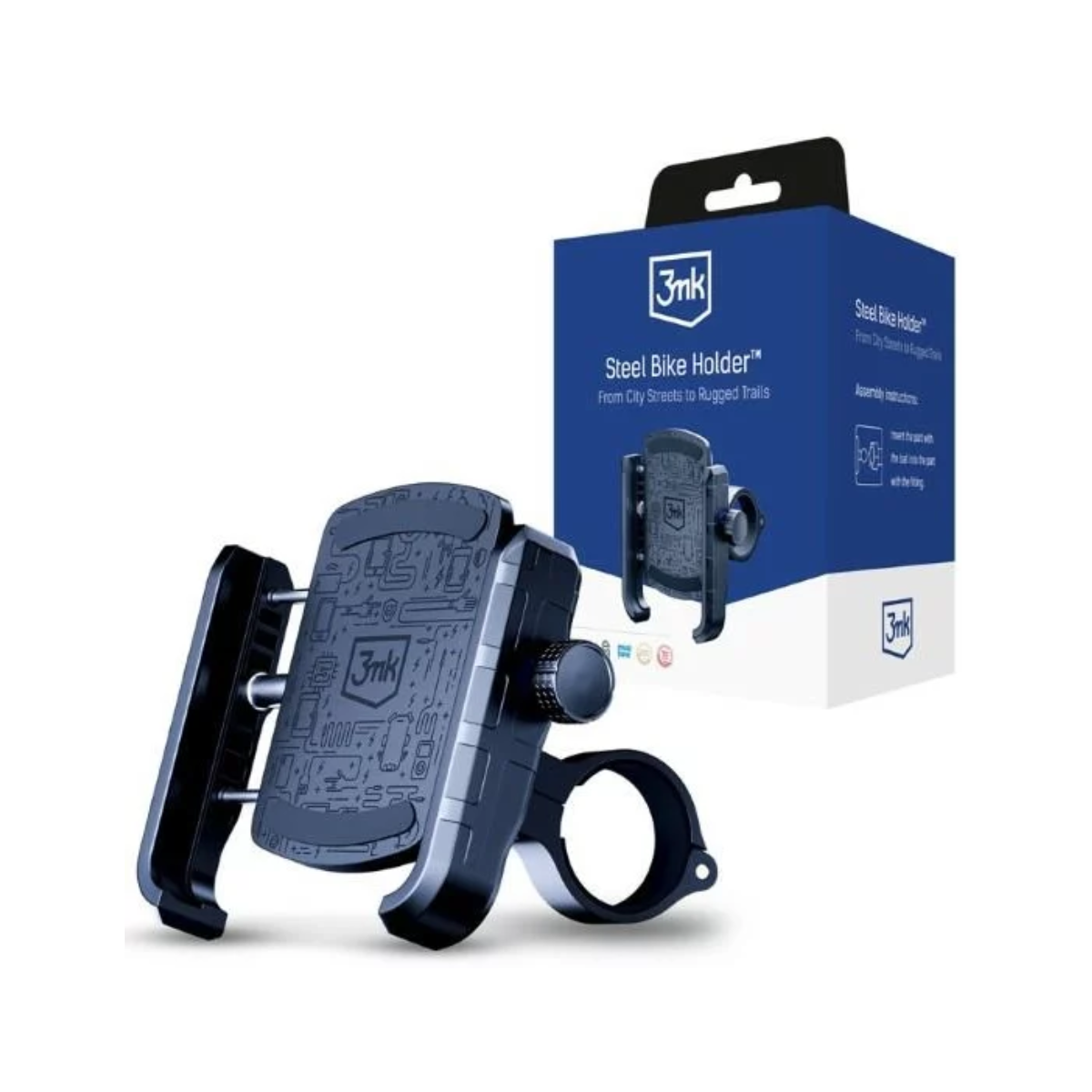 Czarny uchwyt na telefon do roweru. Uchwyt znajduje się przed pudełkiem.