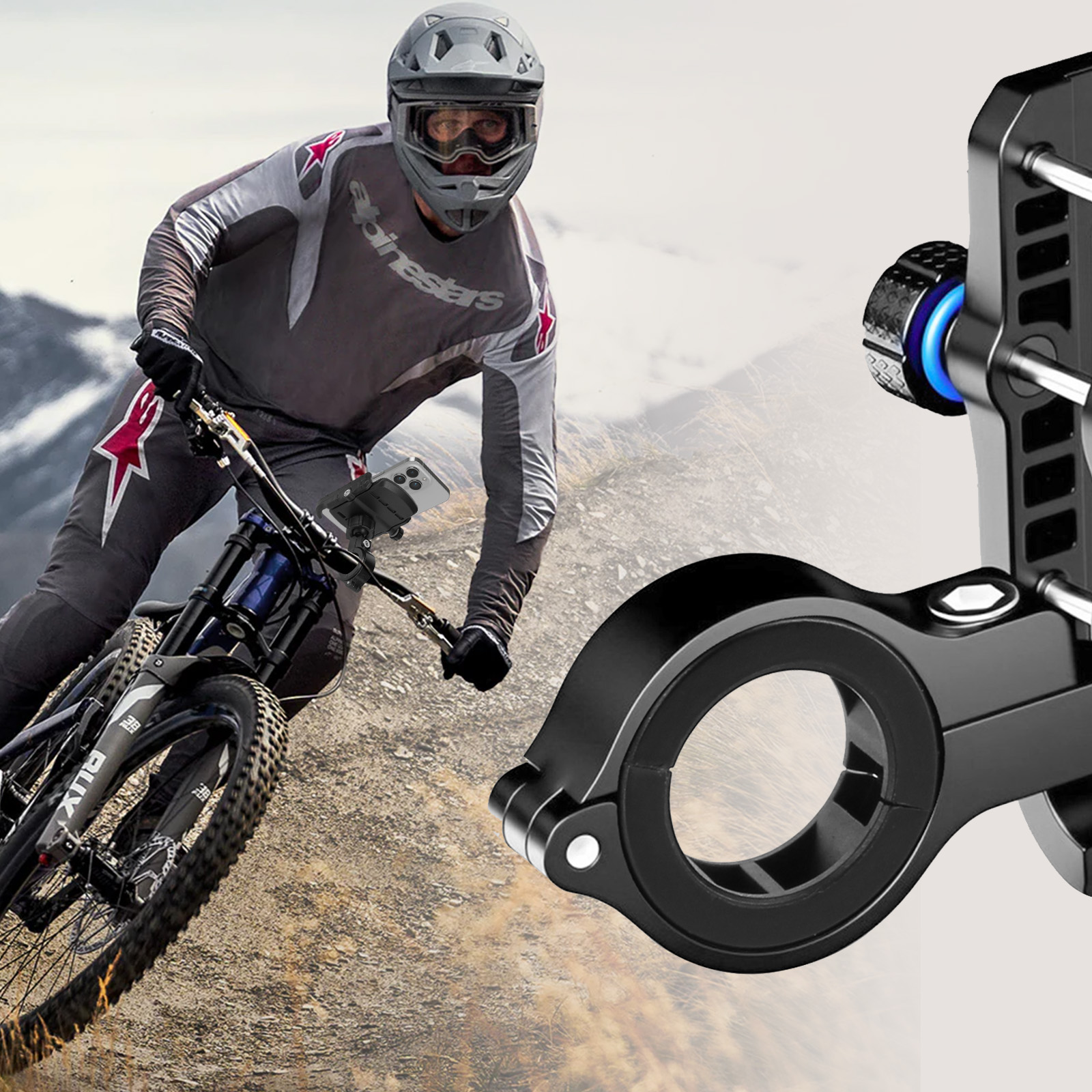 Kolarz górski na szlaku z uchwytem do telefonu przymocowanym do kierownicy.