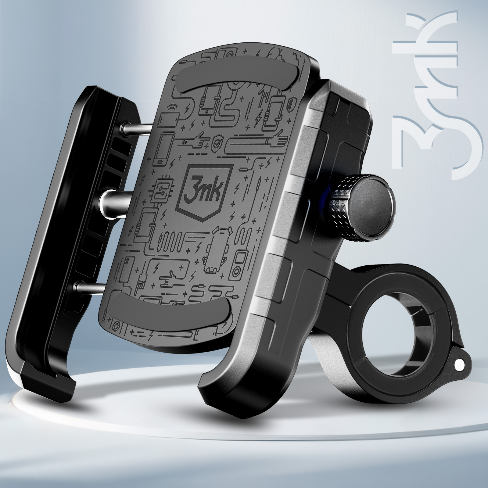 Czarny uchwyt na telefon do kierownicy motocykla. Uchwyt jest czarny i ma wzorzystą powierzchnię.