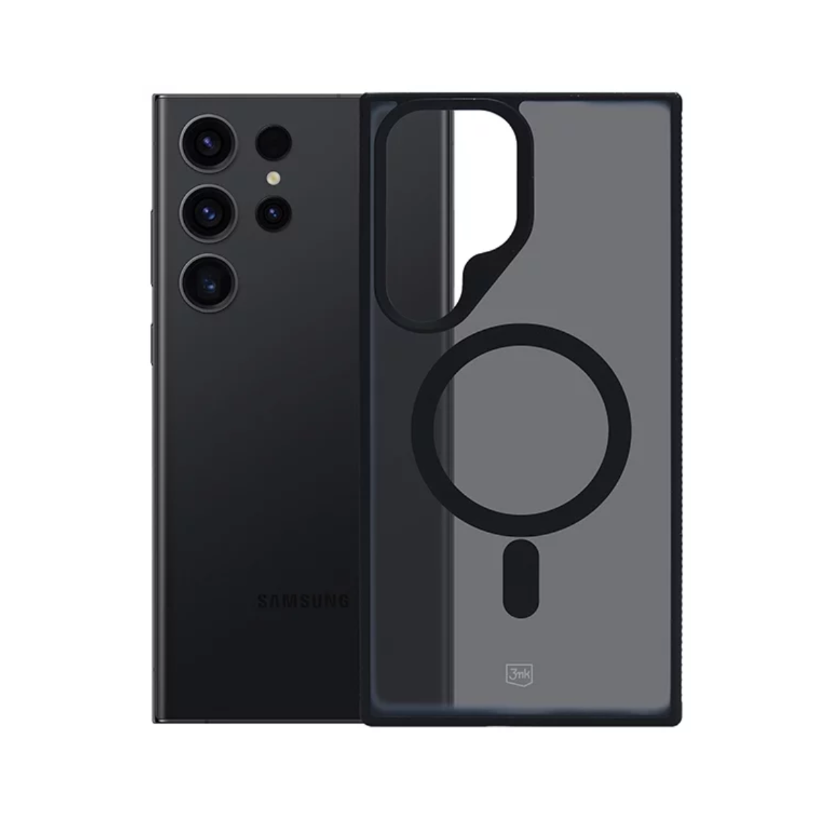 Czarny telefon z przezroczystym etui. Telefon jest na ciemnym tle.