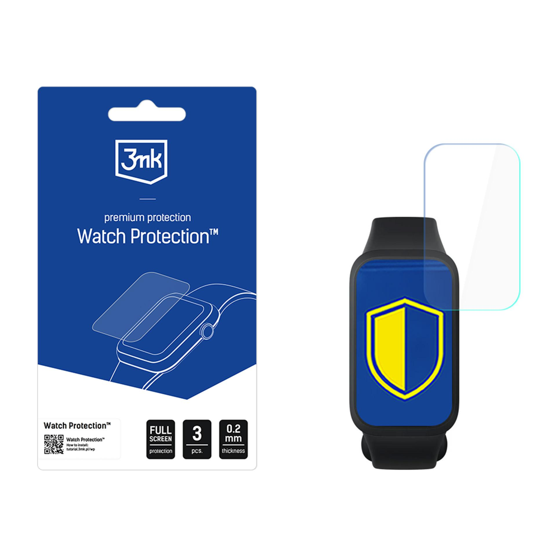 Uno smartwatch con protezione schermo. La confezione è a sinistra. Lo schermo mostra uno scudo giallo.