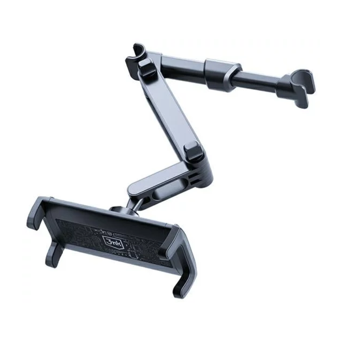 Czarny uchwyt na telefon. Uchwyt jest rozłożony i ma wzorzystą powierzchnię.