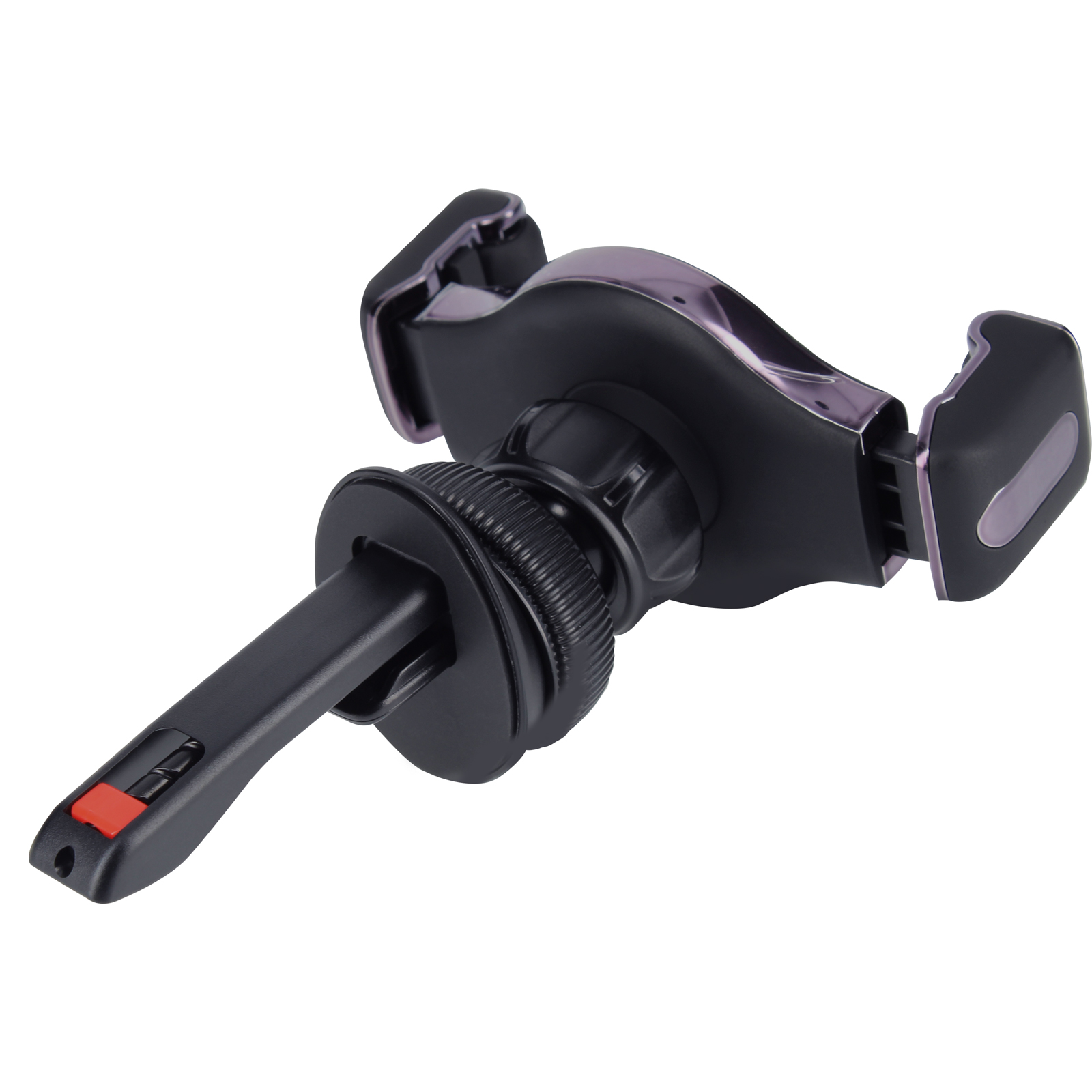 Czarny uchwyt do telefonu samochodowego z czerwonym przyciskiem z boku, na białym tle.