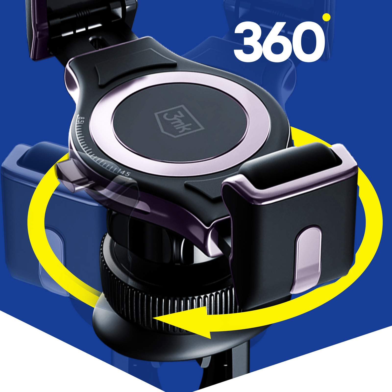 Uchwyt na telefon z czarnym i srebrnym wzorem. Okrągła strzałka wskazuje obrót o 360 stopni.