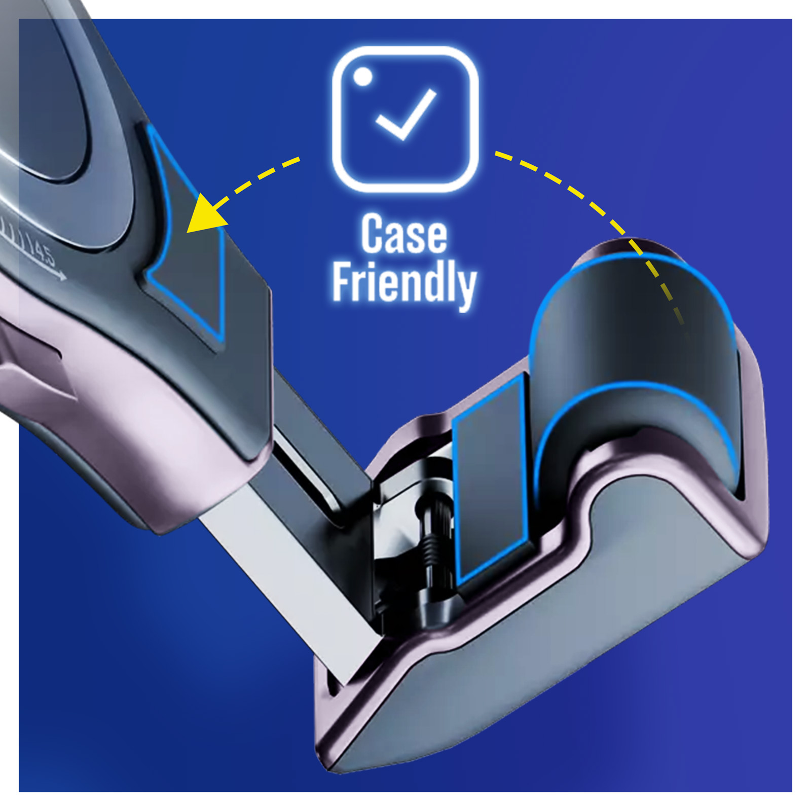 Zbliżenie uchwytu na telefon do samochodu, pokazujące funkcję 'Case Friendly'.