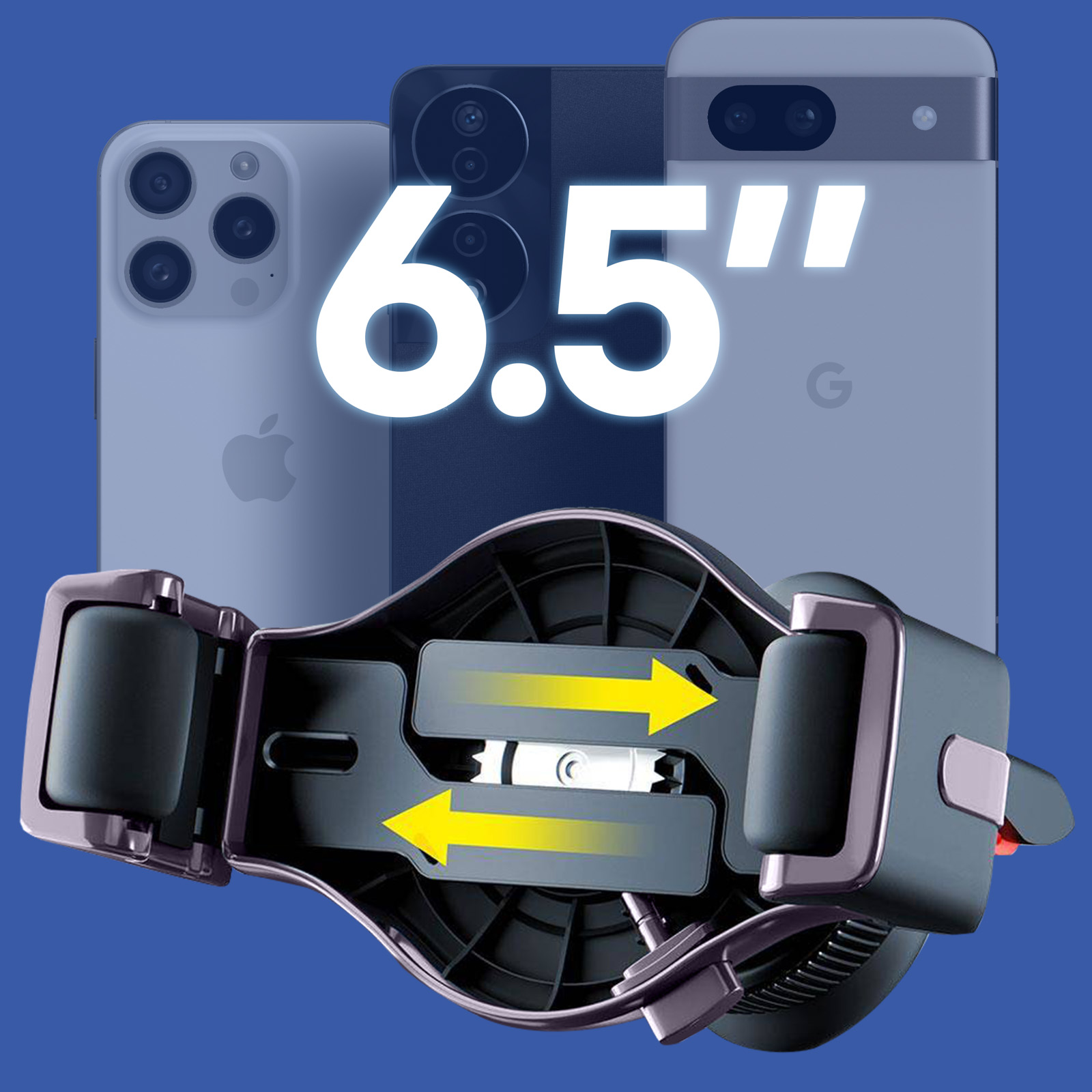 Trzy smartfony i uchwyt samochodowy na telefon w centrum uwagi. Tekst '6.5"' jest nałożony na telefony.