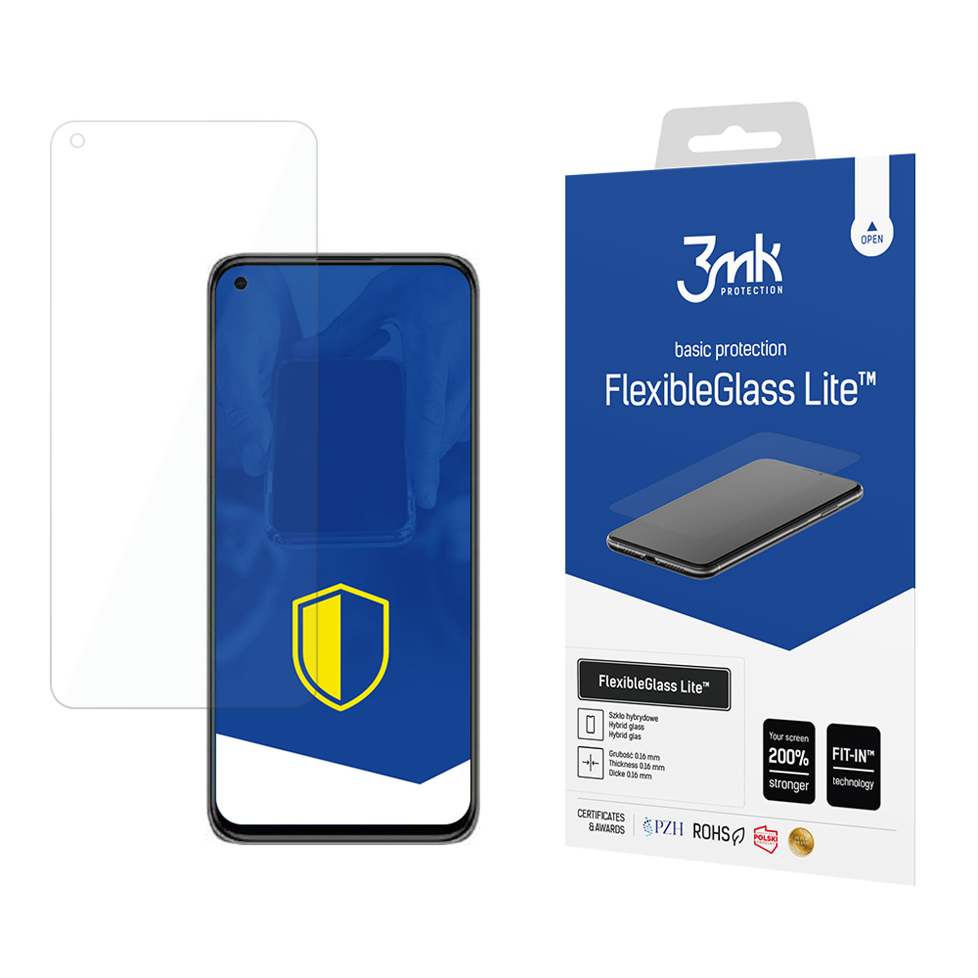 Una scatola di protezione dello schermo con un telefono e una protezione dello schermo. La scatola è blu e bianca.