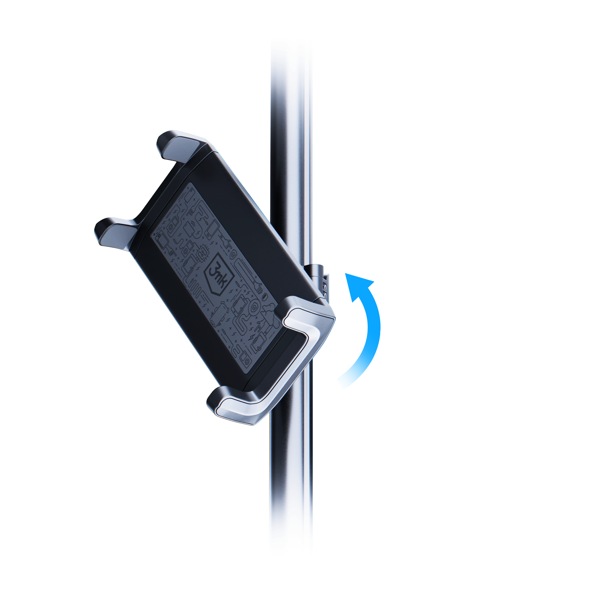 Uchwyt na telefon jest przymocowany do srebrnego słupa. Strzałka pokazuje obrót uchwytu.