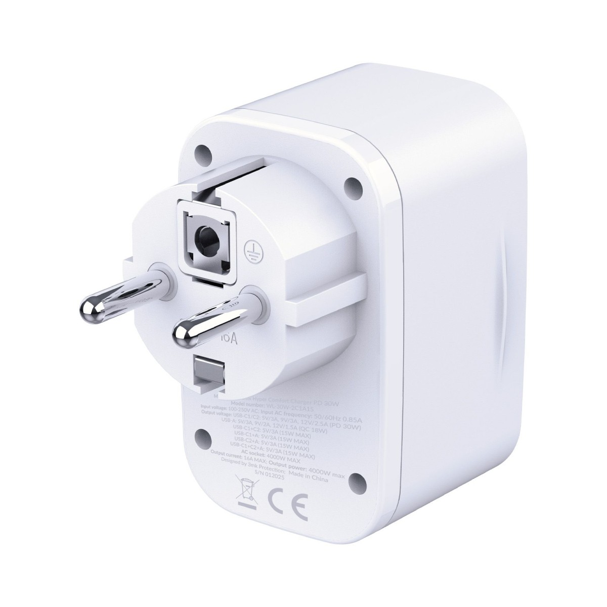 Biała ładowarka z portami USB-A i USB-C. Europejska wtyczka jest w tle.