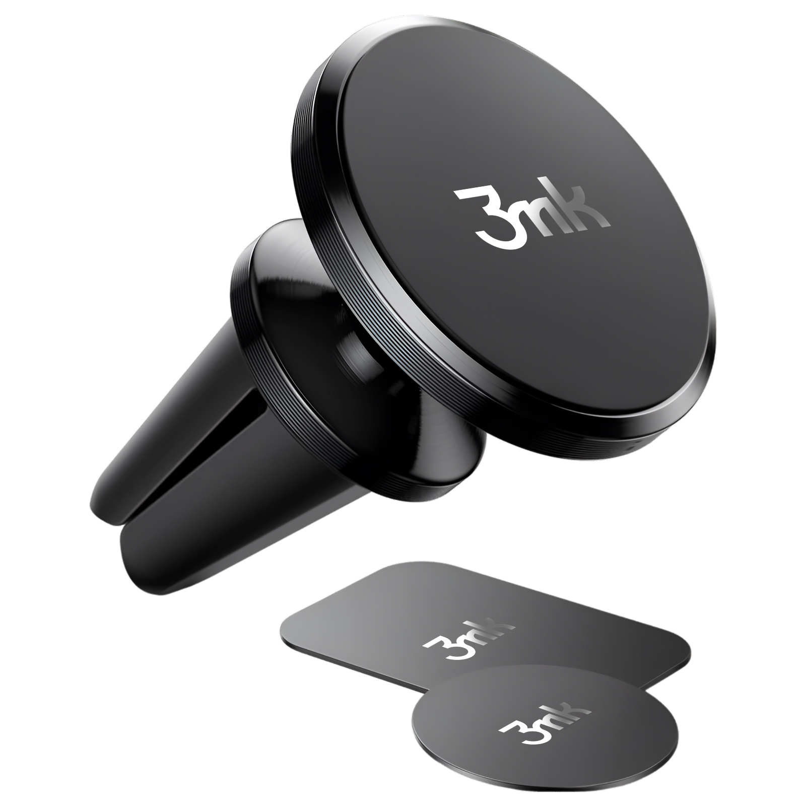 Czarny uchwyt na telefon z logo 3mk i dwiema metalowymi płytkami.