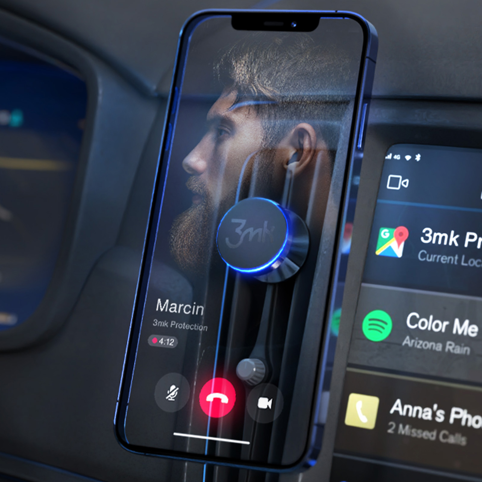 Wnętrze samochodu z telefonem z twarzą mężczyzny i uchwytem z logo 3mk.