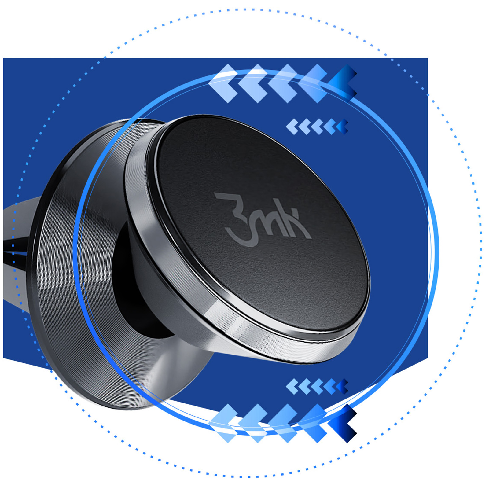 Czarny uchwyt na telefon samochodowy z logo 3mk na niebieskim tle z białymi strzałkami.