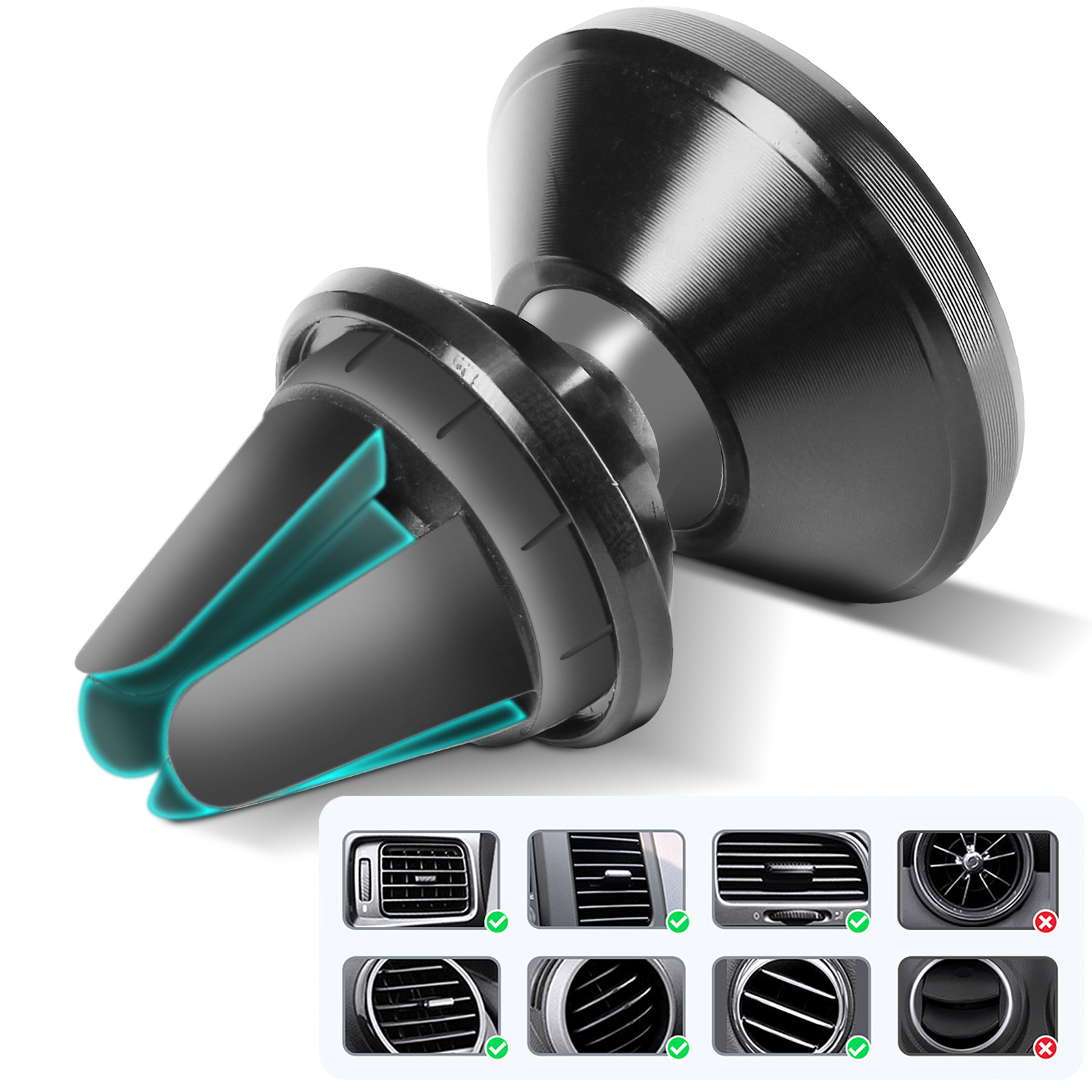 Czarny uchwyt na telefon do kratki wentylacyjnej z logo 3mk i przykładowymi zdjęciami.