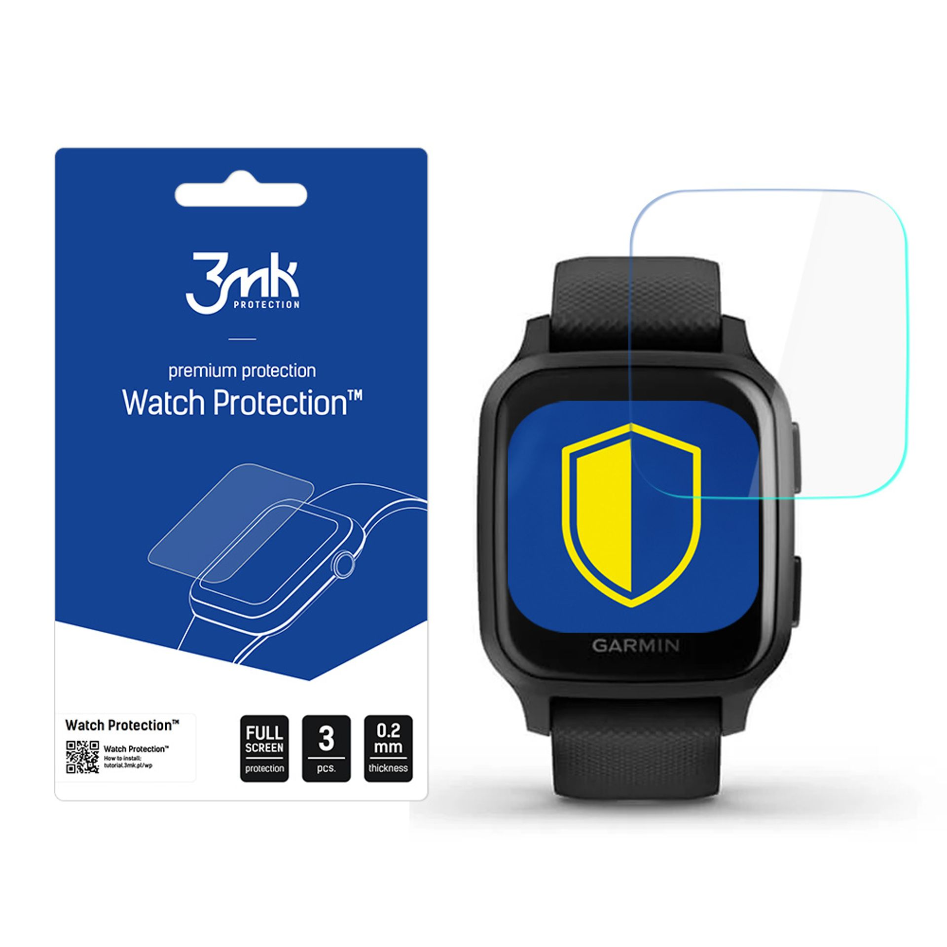 Ochrona ekranu smartwatcha, smartwatch z logo tarczy i opakowanie z grafiką zegarka.