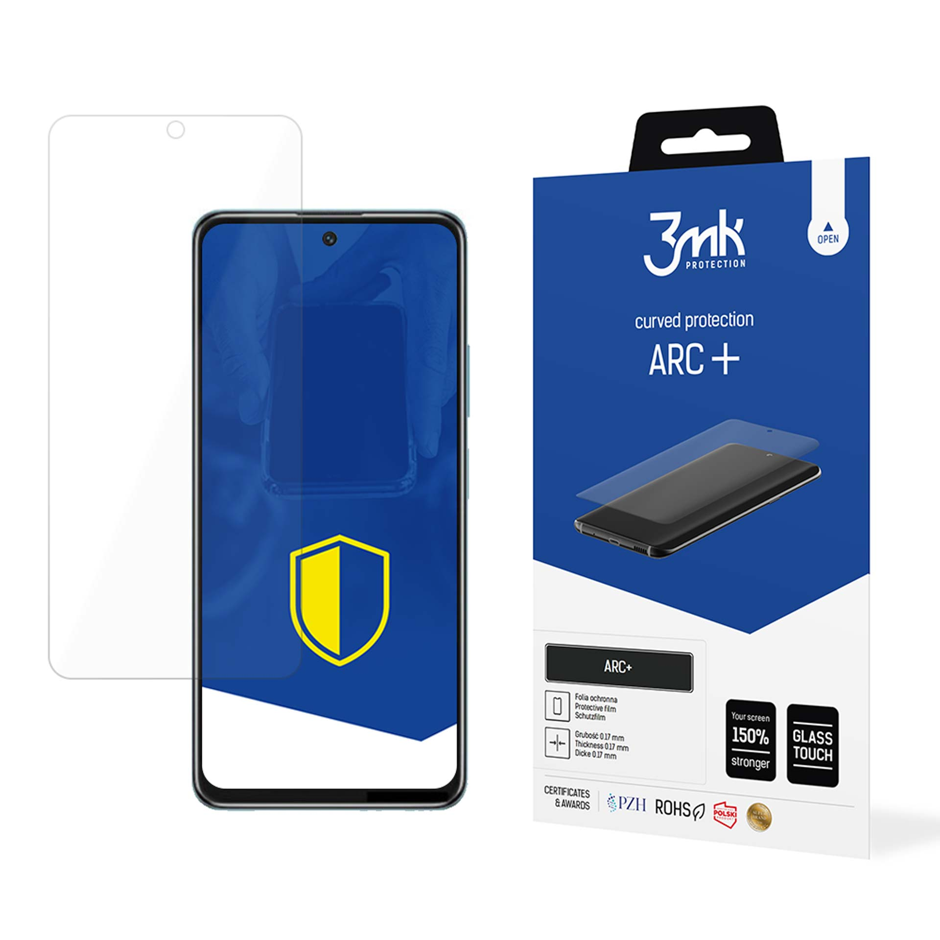 L'immagine presenta un telefono, una protezione schermo e una scatola. Lo schermo del telefono mostra un logo a scudo.