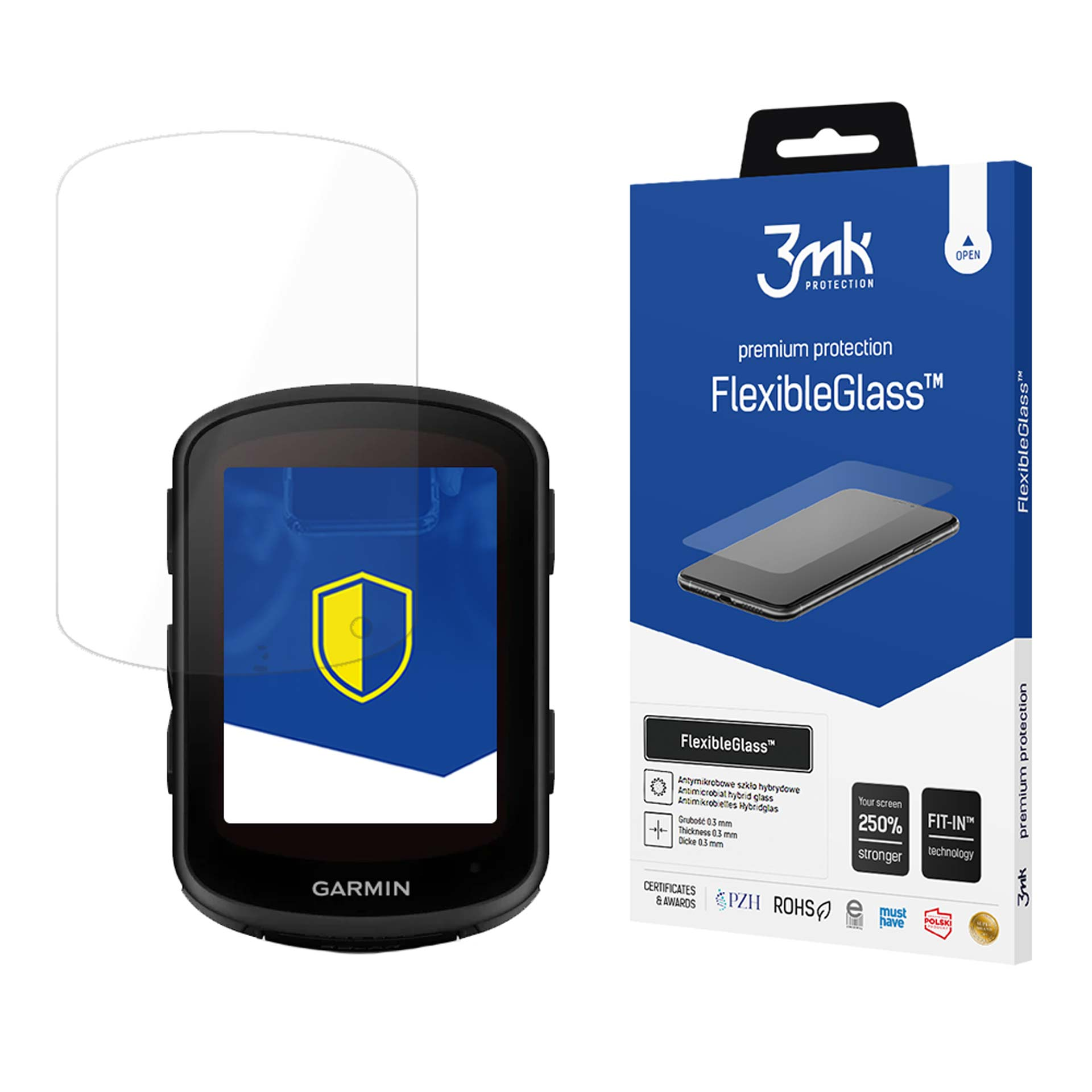 Un dispositivo Garmin, proteggi schermo e scatola su bianco. La scatola dice FlexibleGlass. Il dispositivo ha un logo giallo.