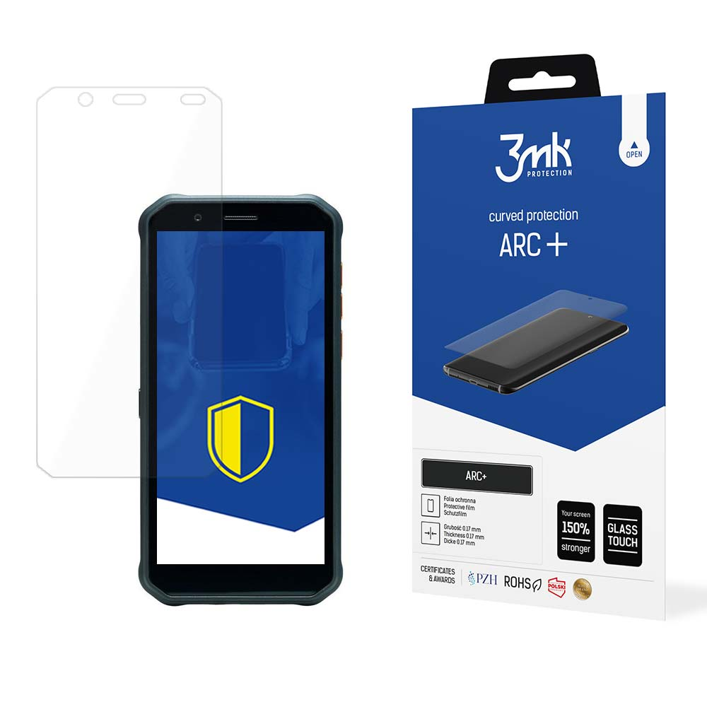 Obrazek przedstawia telefon, ochraniacz ekranu i opakowanie. Ekran telefonu wyświetla logo tarczy.