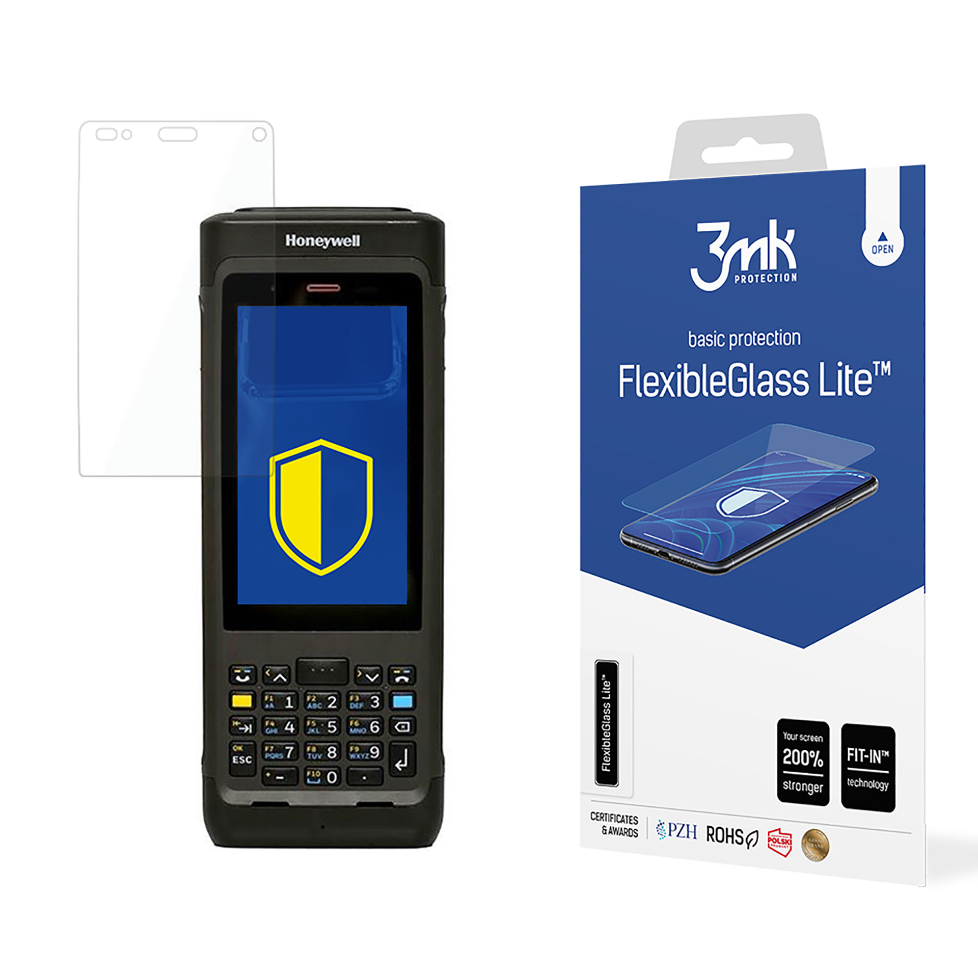 Urządzenie przenośne z ochraniaczem ekranu i opakowaniem produktu. Ekran wyświetla tarczę.