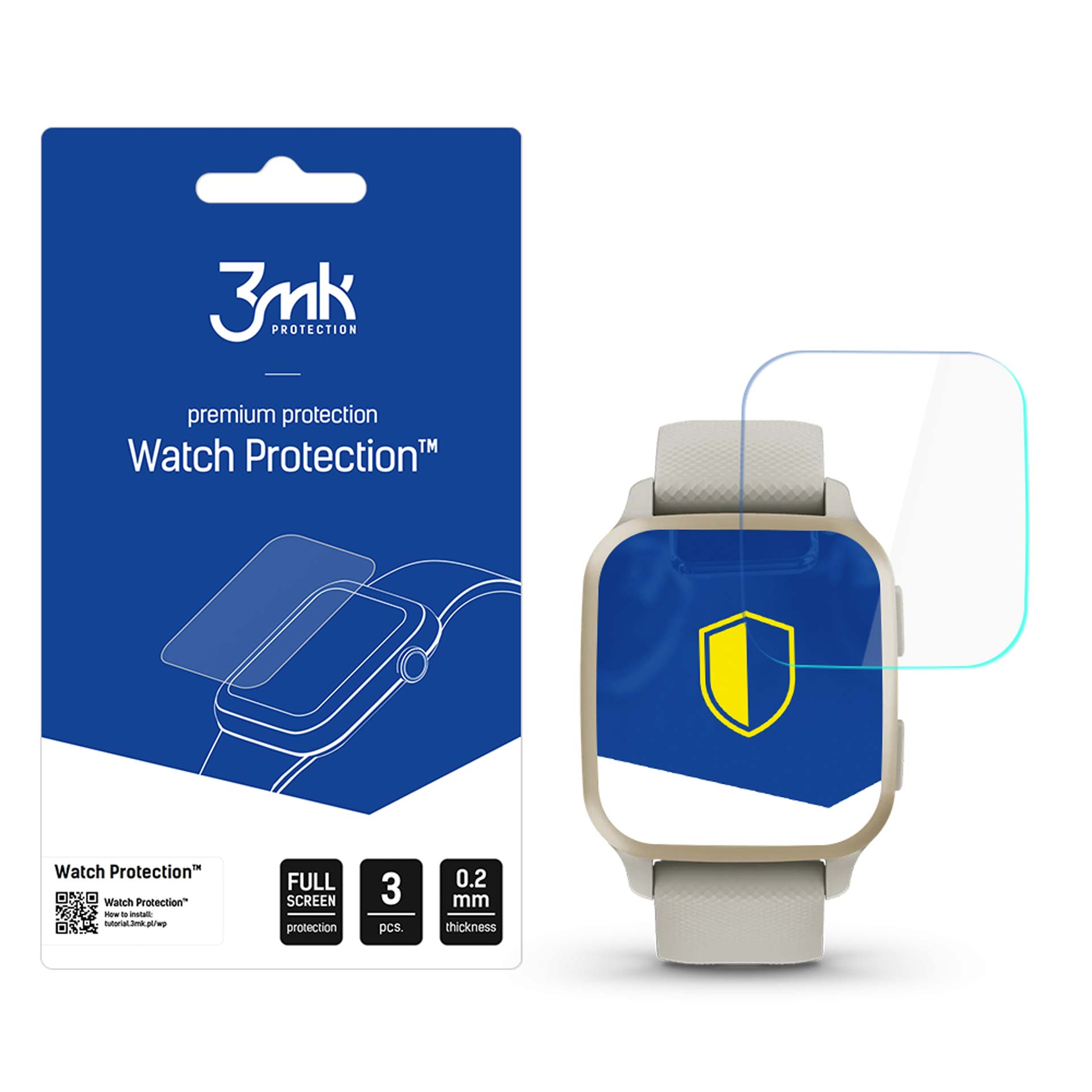 Smartwatch z ochraniaczem ekranu i opakowaniem produktu. Tarcza zegarka ma żółtą tarczę.