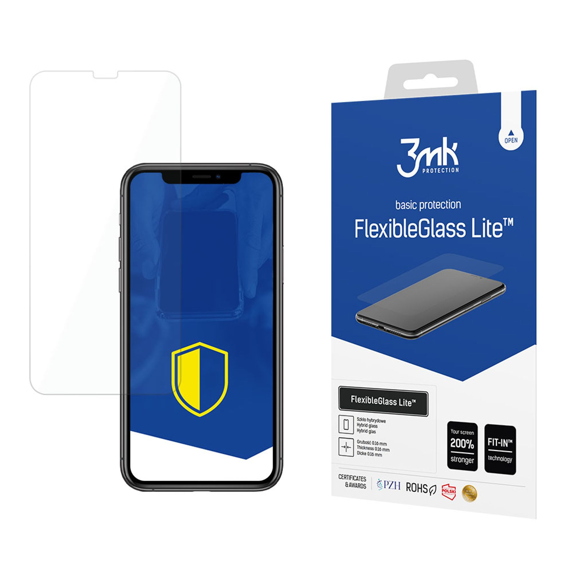 Telefono con protezione schermo, scatola e vetro protettivo. Schermo con logo scudo.